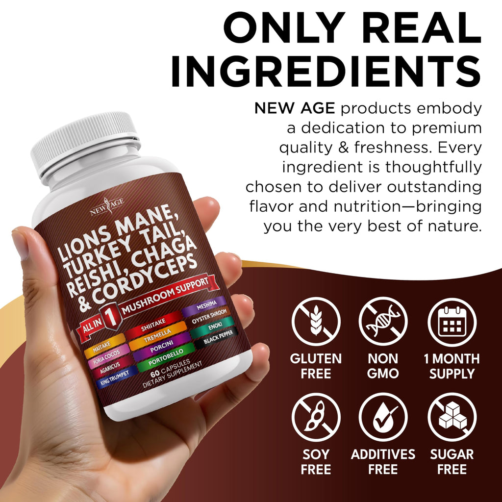 NEW AGE Lions Mane Mushroom Supplement with Turkey Tail Reishi Cordyceps Chaga with Marshmallow Root - 120 Count