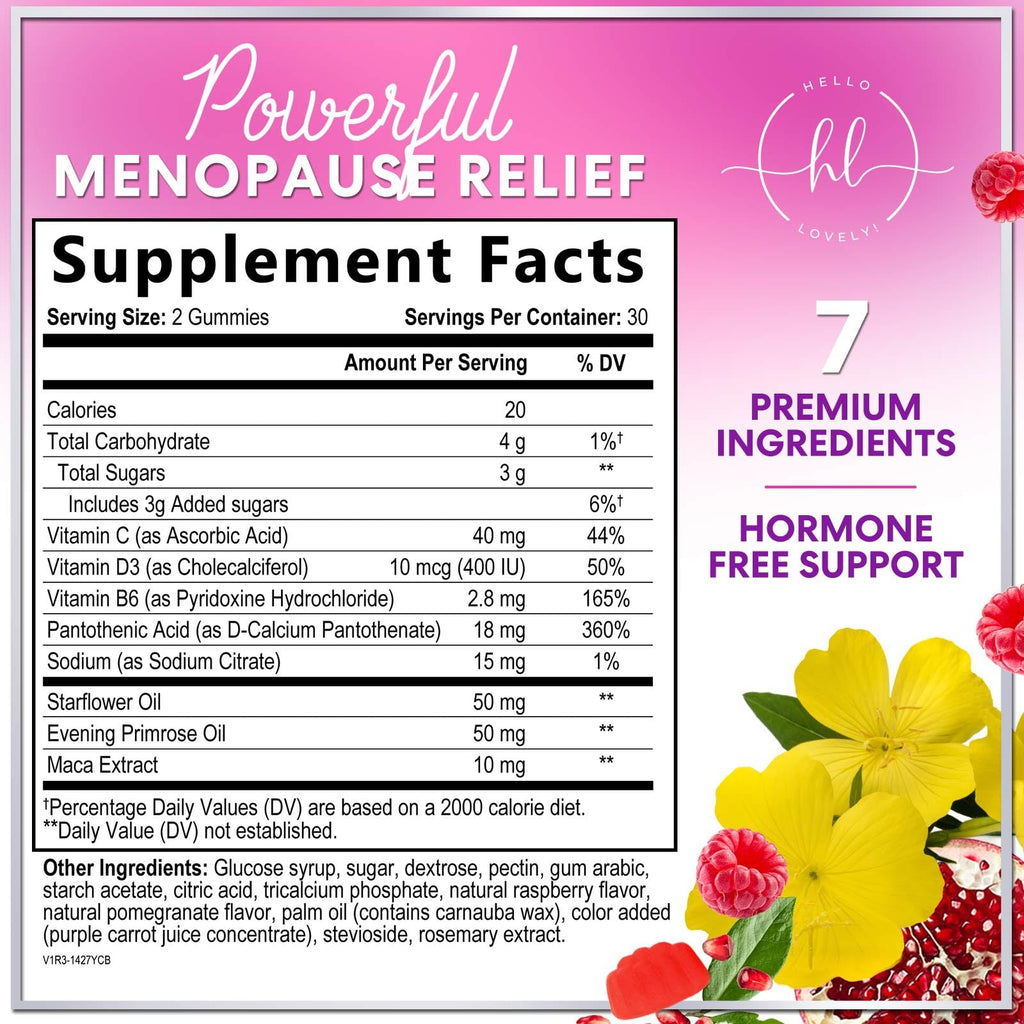 Menopause Supplements for Women - Complete Natural Mild Hot Flashes & Night Sweats Support, Multi Benefit Menopause Relief Gummy, Support for Balance & Energy, Gluten-Free & Non-GMO - 60 Gummies Hello Lovely! Au supplements