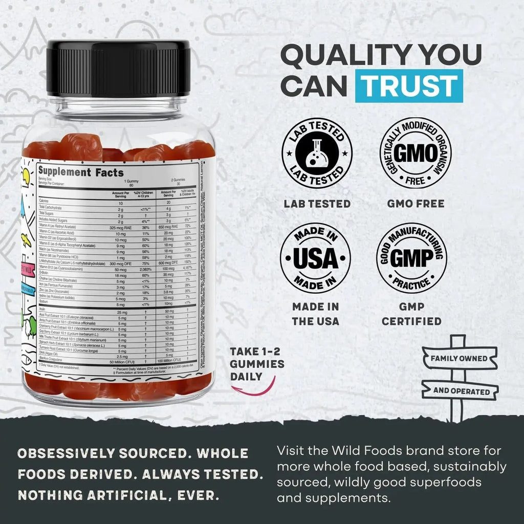 Wild Foods Kids Multivitamin Gummies – Natural Skin, Immune & Bones Support with Kids Vitamins A, C, D, E, B12, Iron & DHA Wild Foods Au supplements