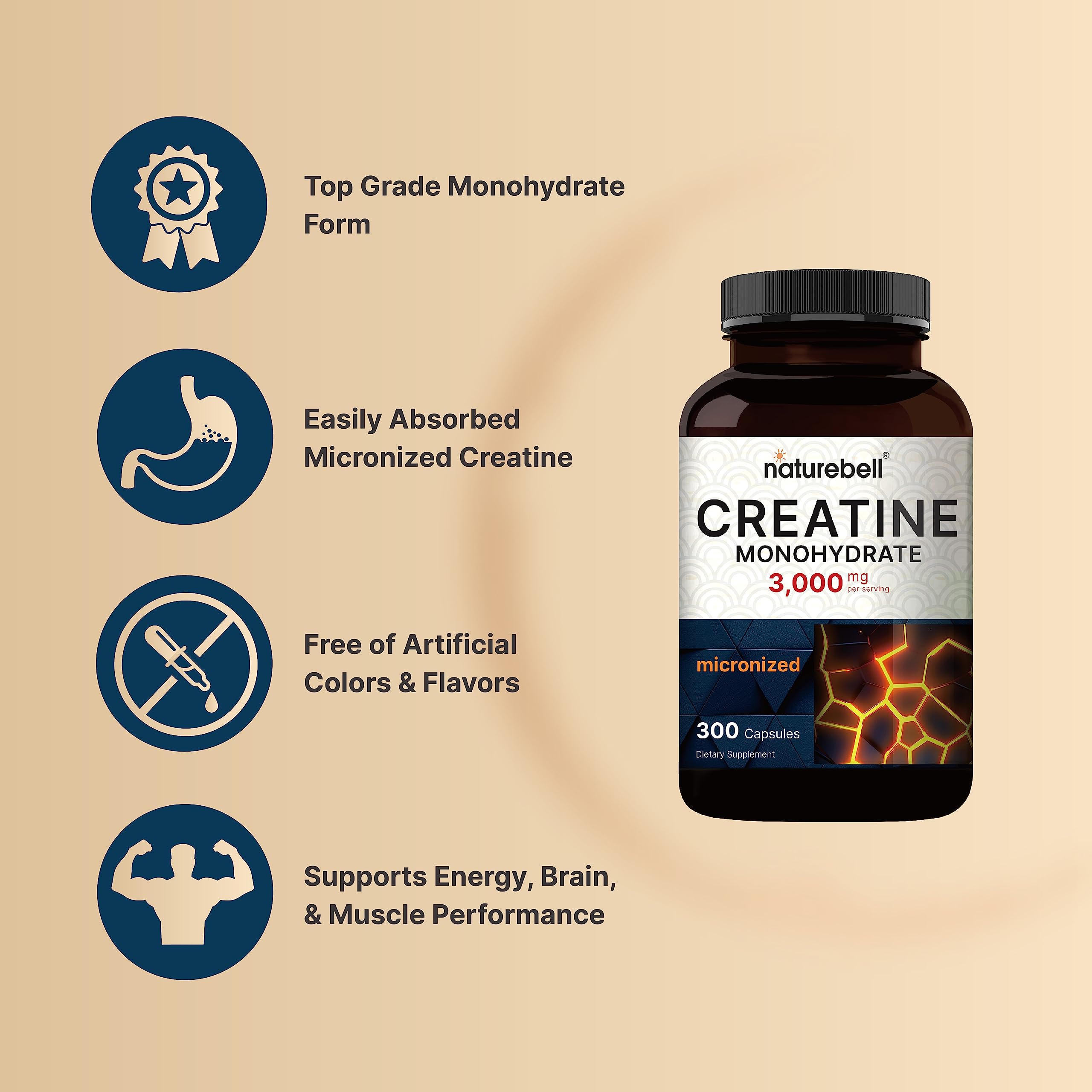 Creatine Monohydrate Capsules 3,000mg Per Serving, 300 Count | Micronized, Unflavored Creatine Pills | Pre-Workout & Muscle Strength Support | Easy to Swallow, Filler-Free | 50 Servings NatureBell Au supplements