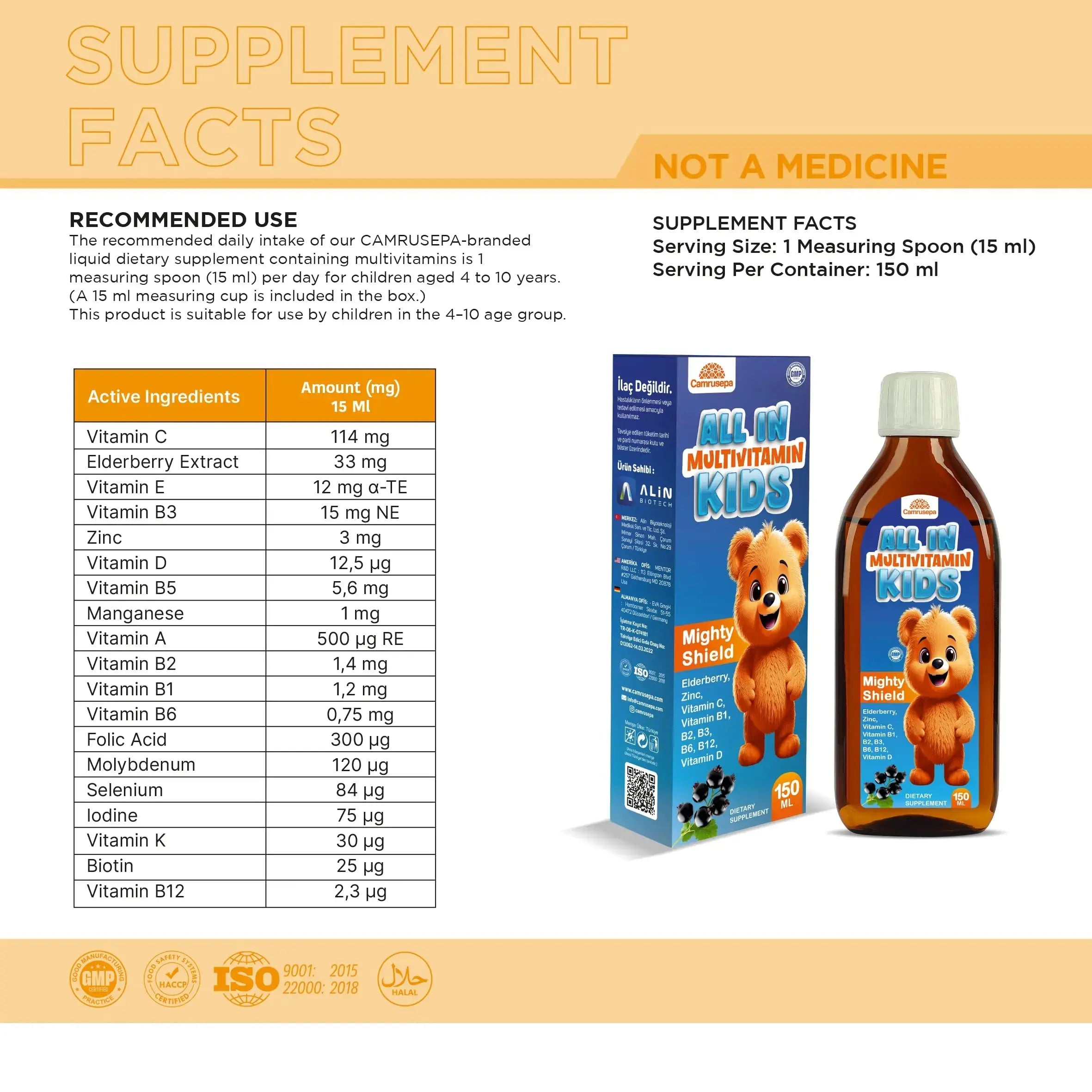 CAMRUSEPA All in Multivitamin Kids Syrup – Black Elderberry Flavored, Inositol, Zinc, Vitamin C, Daily Liquid Multivitamin Camrusepa Au supplements