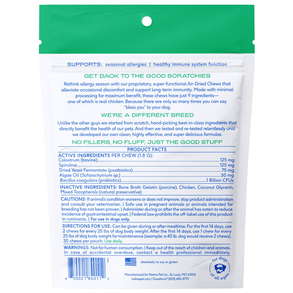 Native Pet Dog Allergy Chews - Dog Allergy Relief for Medium Breeds - Supports Seasonal Itch Relief, Healthy Immune Function & Reduces Sneezing - Colostrum, Spirulina, & Probiotics - 30 Days Supply Native Pet Au supplements