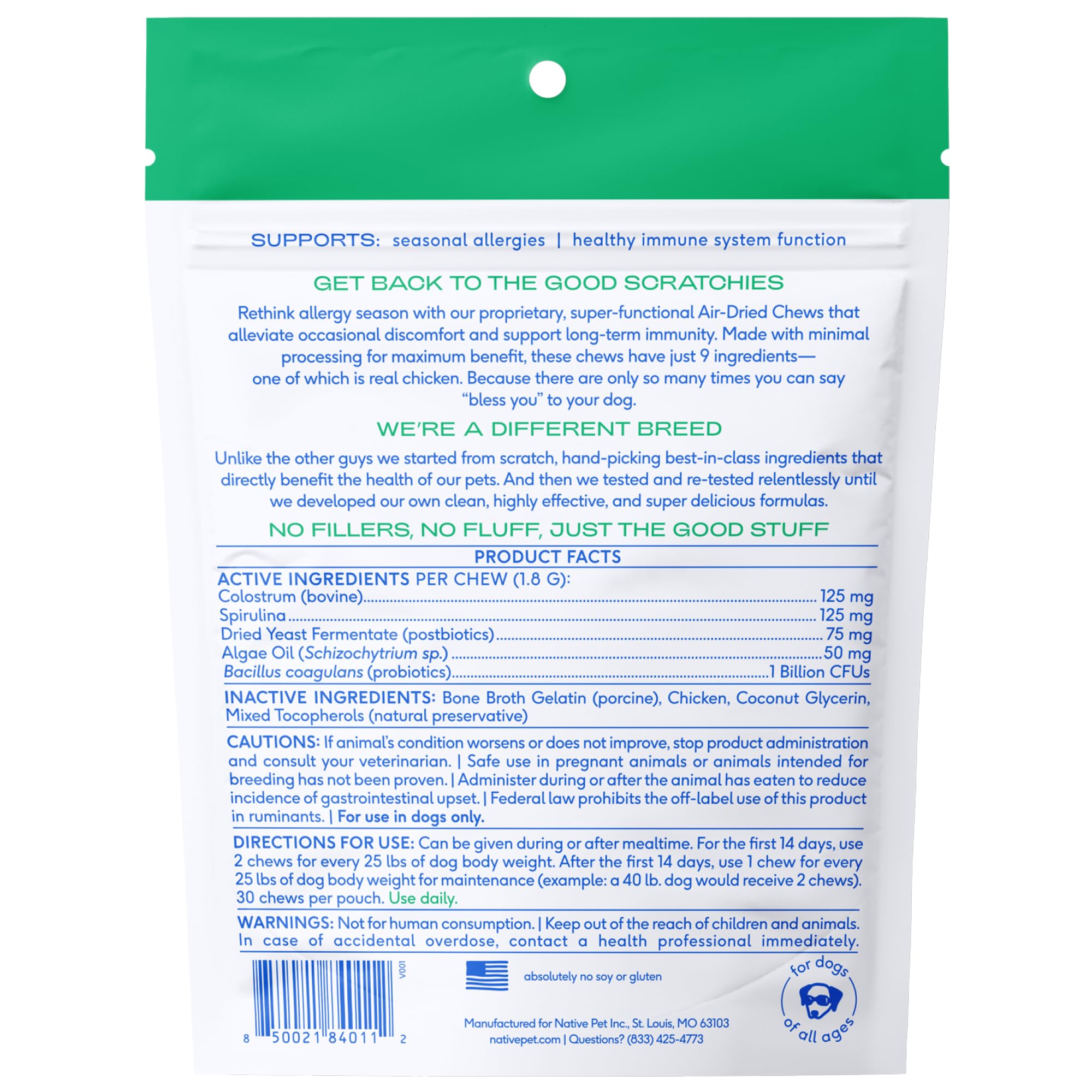 Native Pet Dog Allergy Chews - Dog Allergy Relief for Medium Breeds - Supports Seasonal Itch Relief, Healthy Immune Function & Reduces Sneezing - Colostrum, Spirulina, & Probiotics - 30 Days Supply Native Pet Au supplements