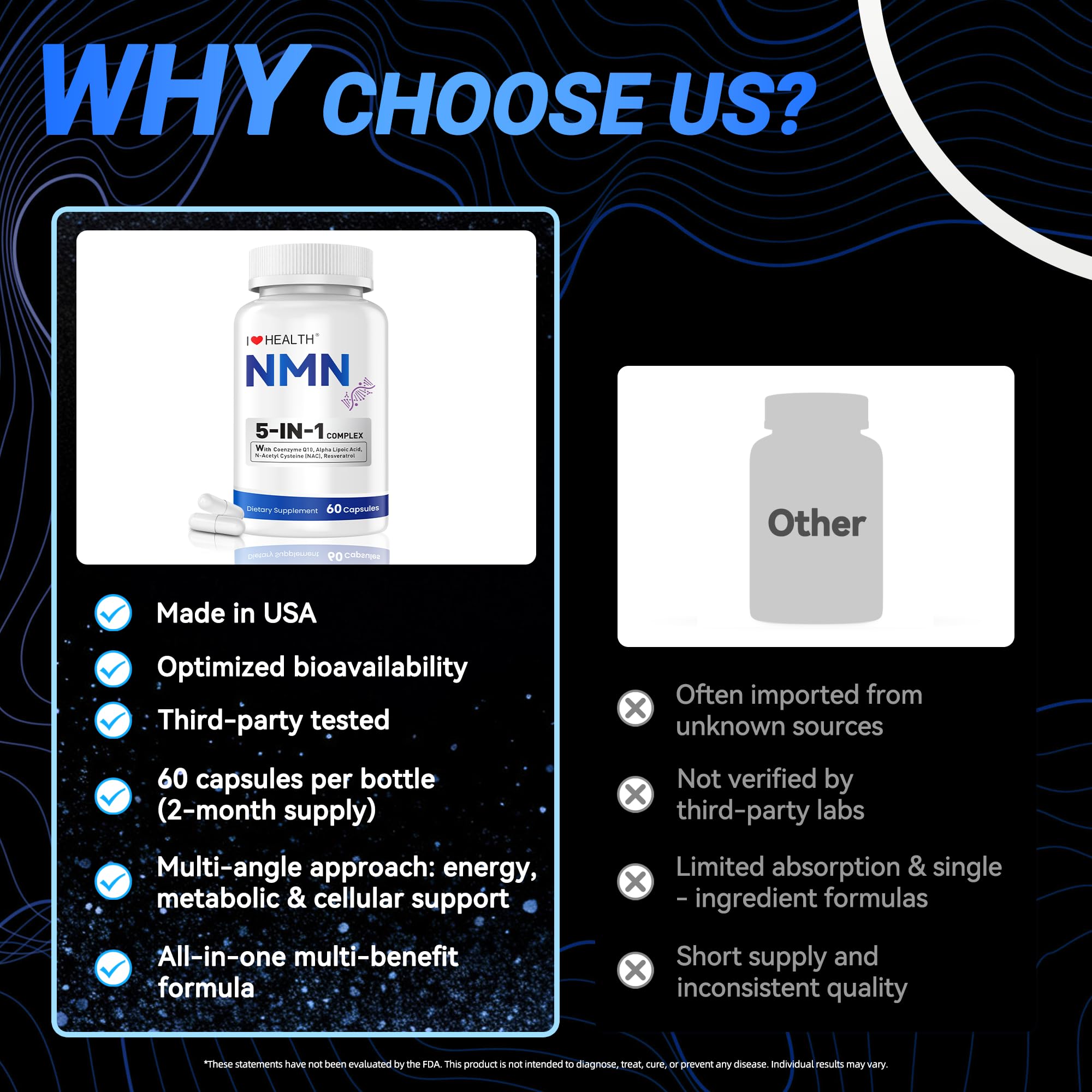 I LOVE HEALTH NMN Supplement, 5-in-1 Complex with NAC, Alpha Lipoic Acid, CoQ10 & Resveratrol - High Absorption Anti Aging Formula - Third Party Tested, cGMP, Gluten Free - 60 Capsules I LOVE HEALTH Au supplements