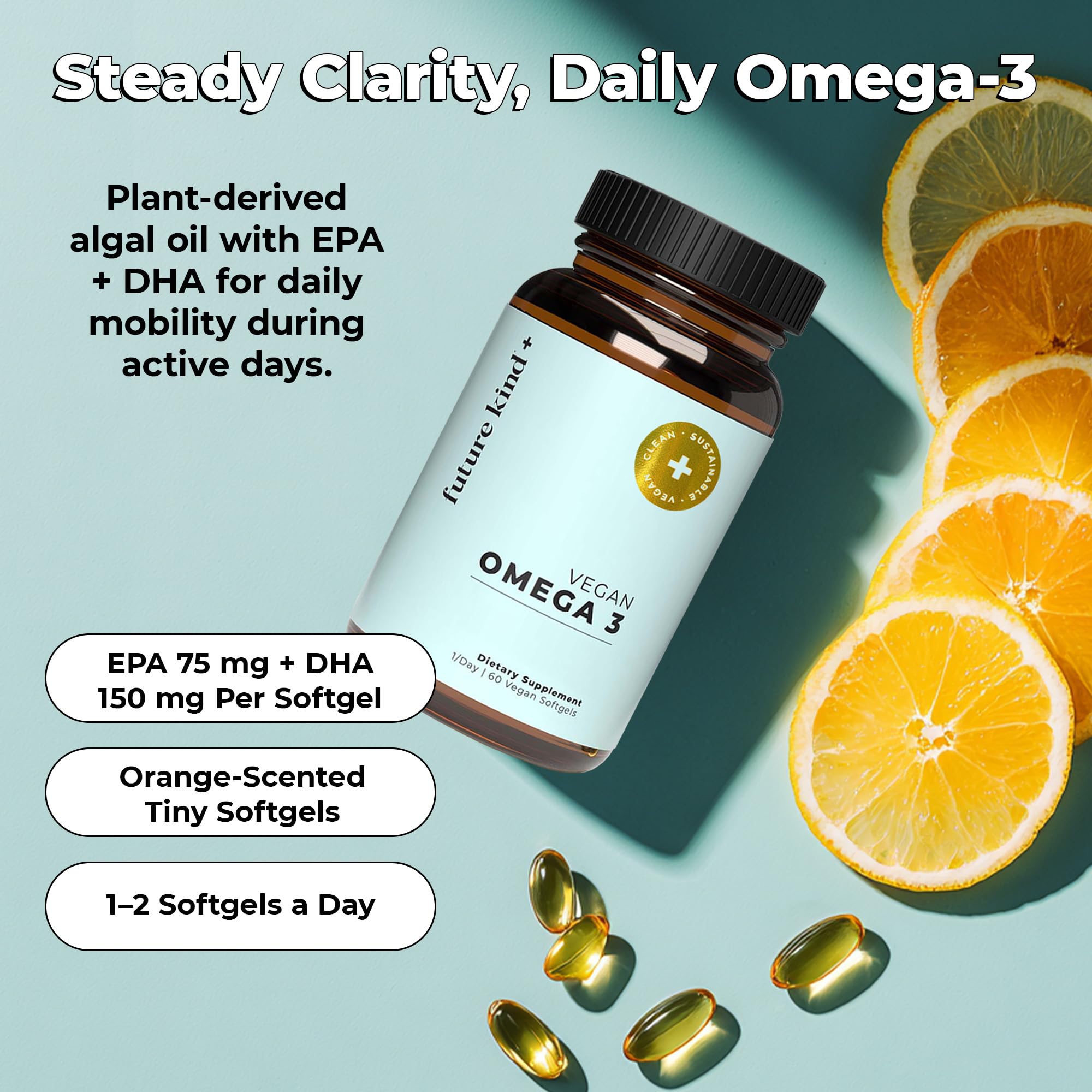 Future Kind Omega-3 Supplement for Clarity, Memory, and Mobility Comfort, 2 Months Supply of Citrus-Scented Softgels with EPA and DHA, Vegan Omega-3 Supplement from Algae, Carrageenan Free, 60 Count Future Kind Au supplements