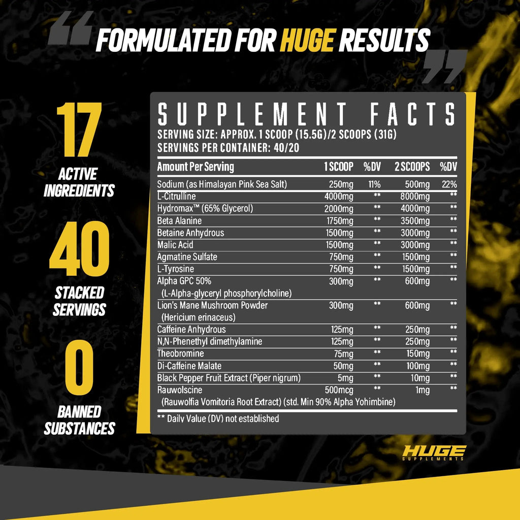 Huge Supplements Wrecked Pre-Workout, 30G+ Ingredients Per Serving to Boost Energy Huge Supplements Au supplements