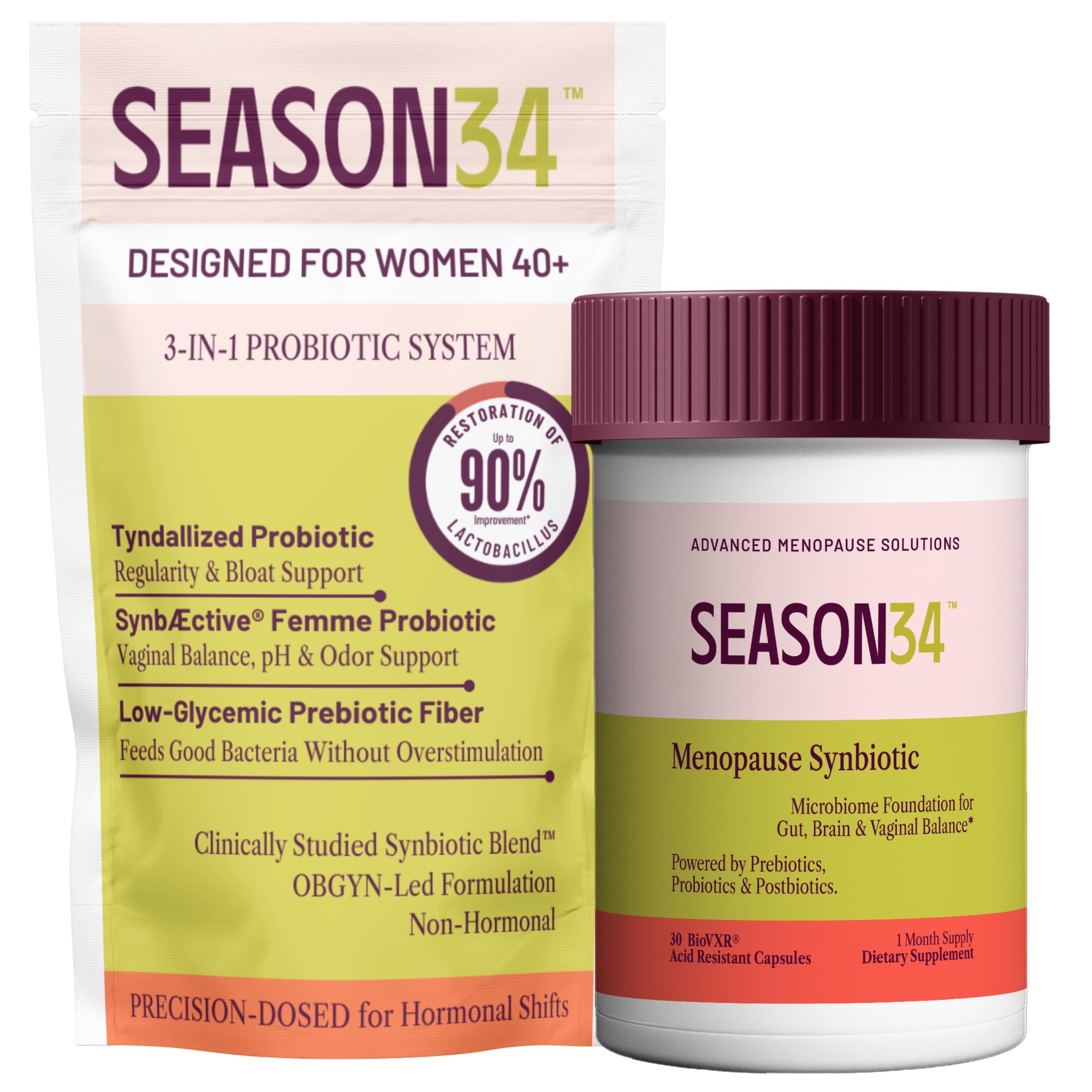 SEASON34 3-in-1 Menopause Probiotic for Women 40+ | Vaginal Care, pH, Odor & Intimate Comfort + Skin, Gut & Bloat Support | with Prebiotic Fiber & Postbiotics | 30 Capsules, 1 Month Supply SEASON34 Au supplements