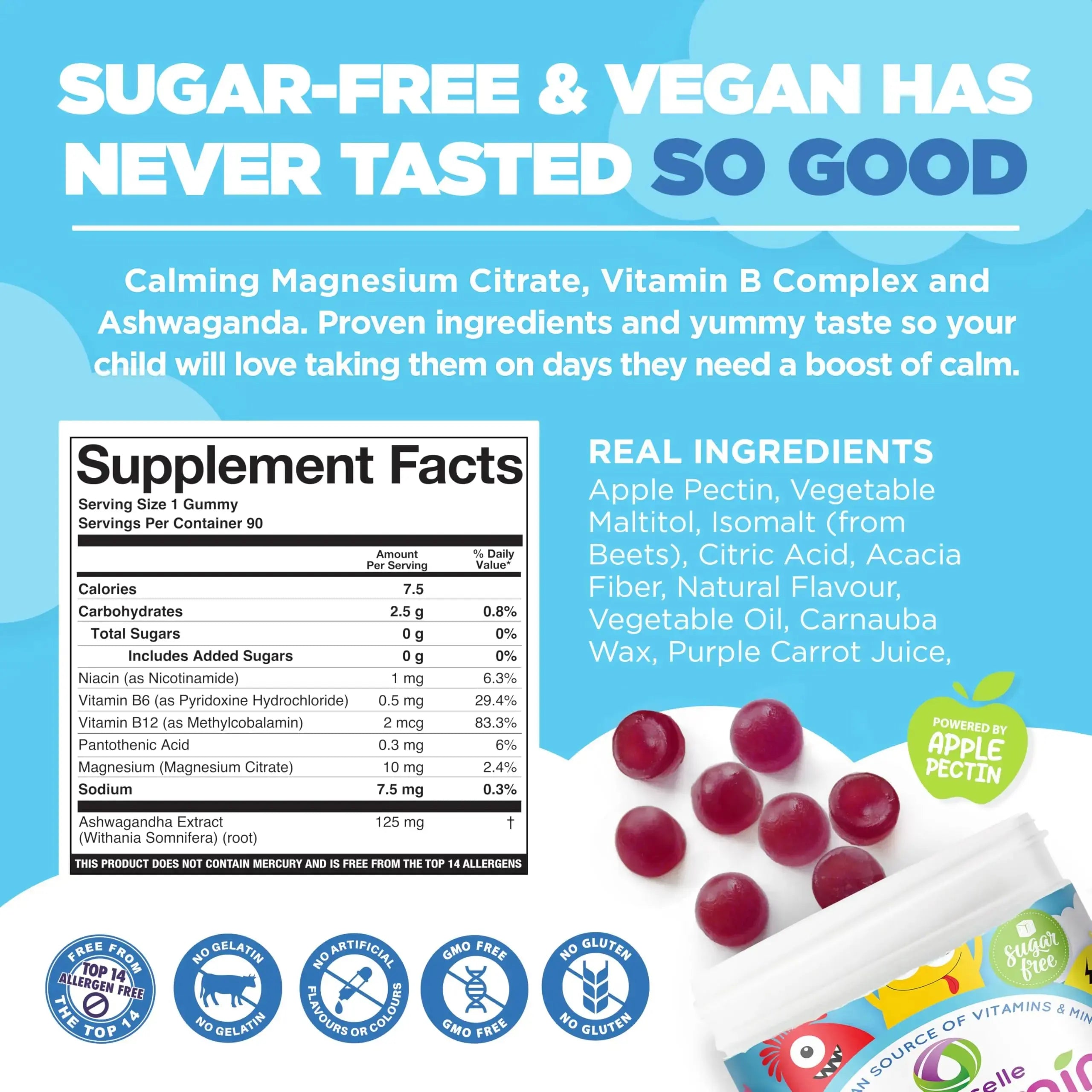 NUTRAMIN Kids Mood Boost Vegan Vitamin Gummy: Calming Magnesium Citrate Supplement for Children with Ashwagandha & Vitamin B Complex to Relax & Focus Nutracelle Au supplements