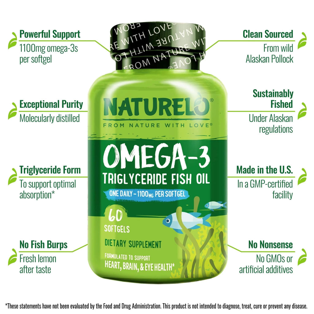NATURELO Burpless Omega 3 Fish Oil Supplement - 1100mg Triglyceride Omega-3, EPA + DHA, Liquid Fish Oil for Heart, Eye, Brain, Joint Health