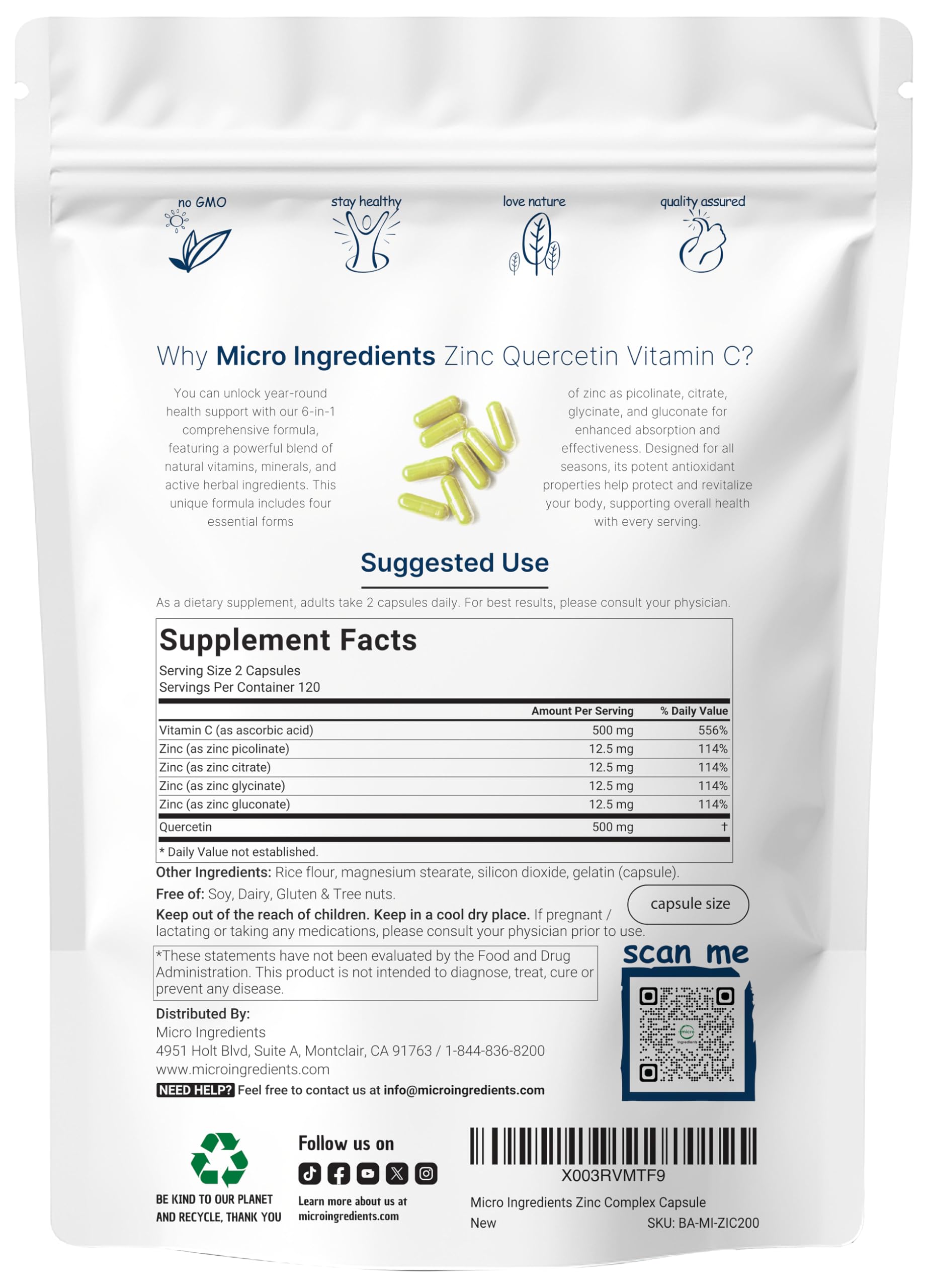 Micro Ingredients Quercetin with Vitamin C and Zinc, 240 Capsules | Quercetin 500mg, Vitamin C 500mg, Zinc 50mg (Picolinate, Citrate, Glycinate, Gluconate)