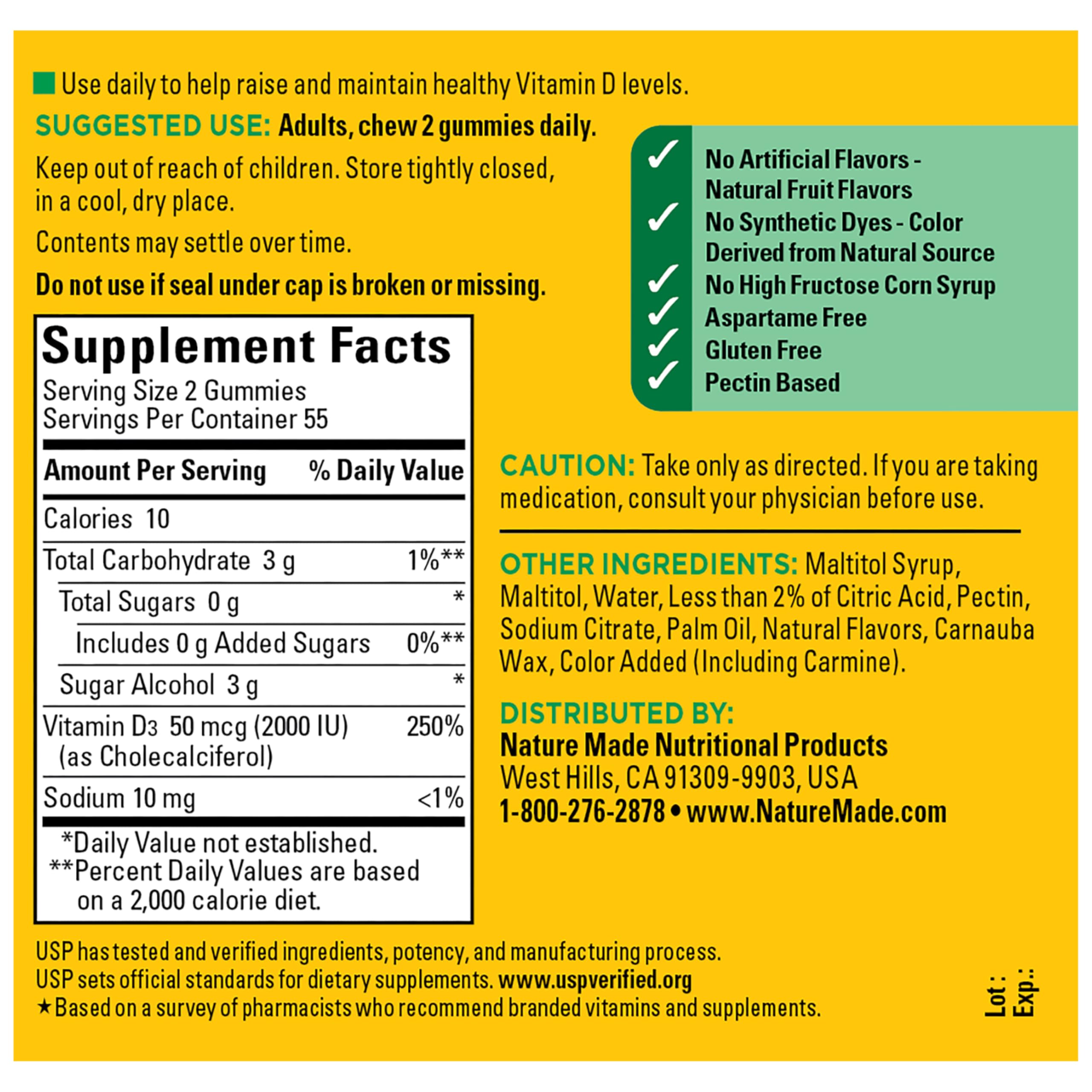Nature Made Zero Sugar Vitamin D3 Gummies 2000 IU (50 mcg) Per Serving, Bone & Immune Support, Aspartame Free