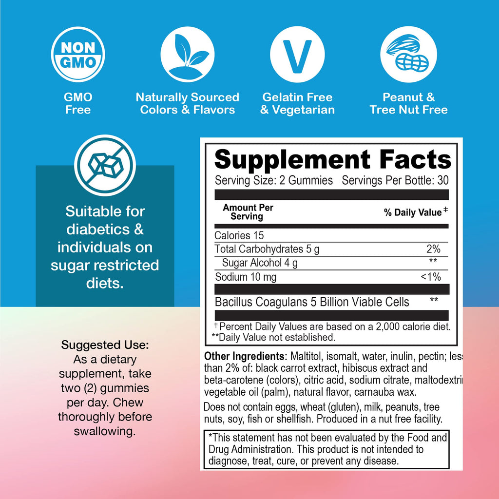 YUM-V'S Sugar Free Probiotic Gummies - Probiotics for Men & Women to Help Support Digestive Function – Adults & Kids Probiotic with 5 Billion CFU Bacillus Coagulans – Vegan & Gluten-Free (60 Count)