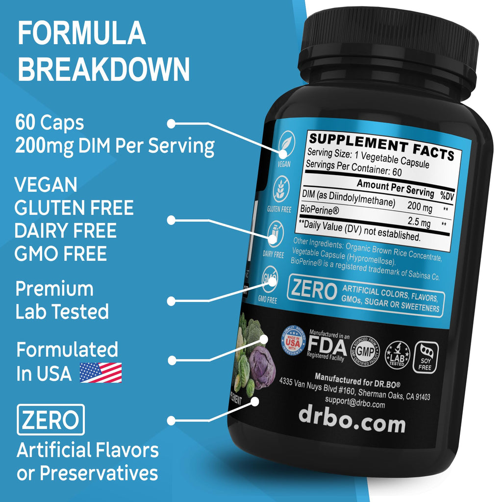 DIM Supplement for Women & Men 200mg - Androgen Estrogen Blocker for Men & Women, Hormonal Acne Pills, Hormone Balance, Menopause Support, Diindolylmethane DIM Supplement Plus BioPerine - 60 Capsules DR. BO Au supplements