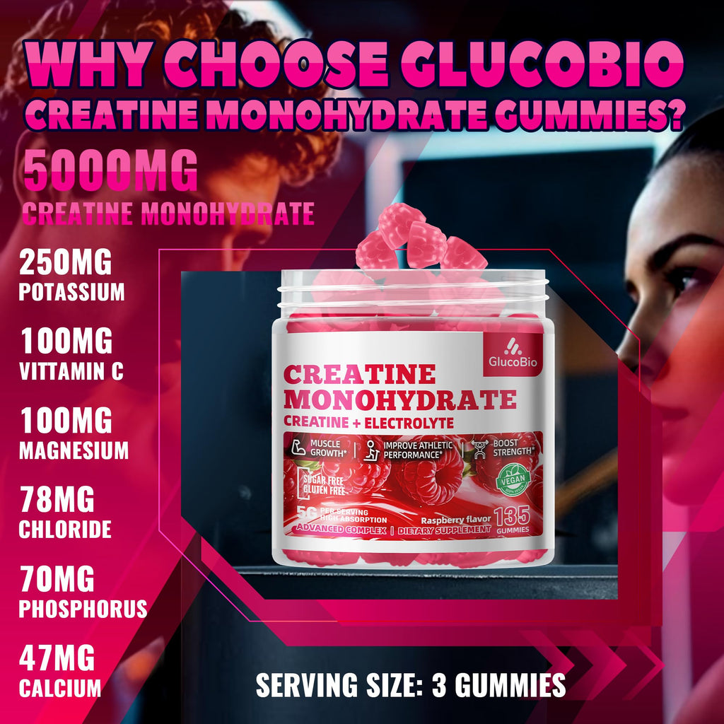 GlucoBio Creatine Monohydrate Gummies (5g) – Pre-Workout Energy & Muscle Growth Support for Men & Women
