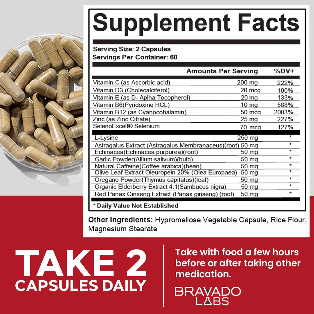 Bravado Labs L-Lysine 250mg Capsules – Immune & Cold Sore Support – Vegan, Non-GMO, Allergen-Free, 3rd-Party Tested