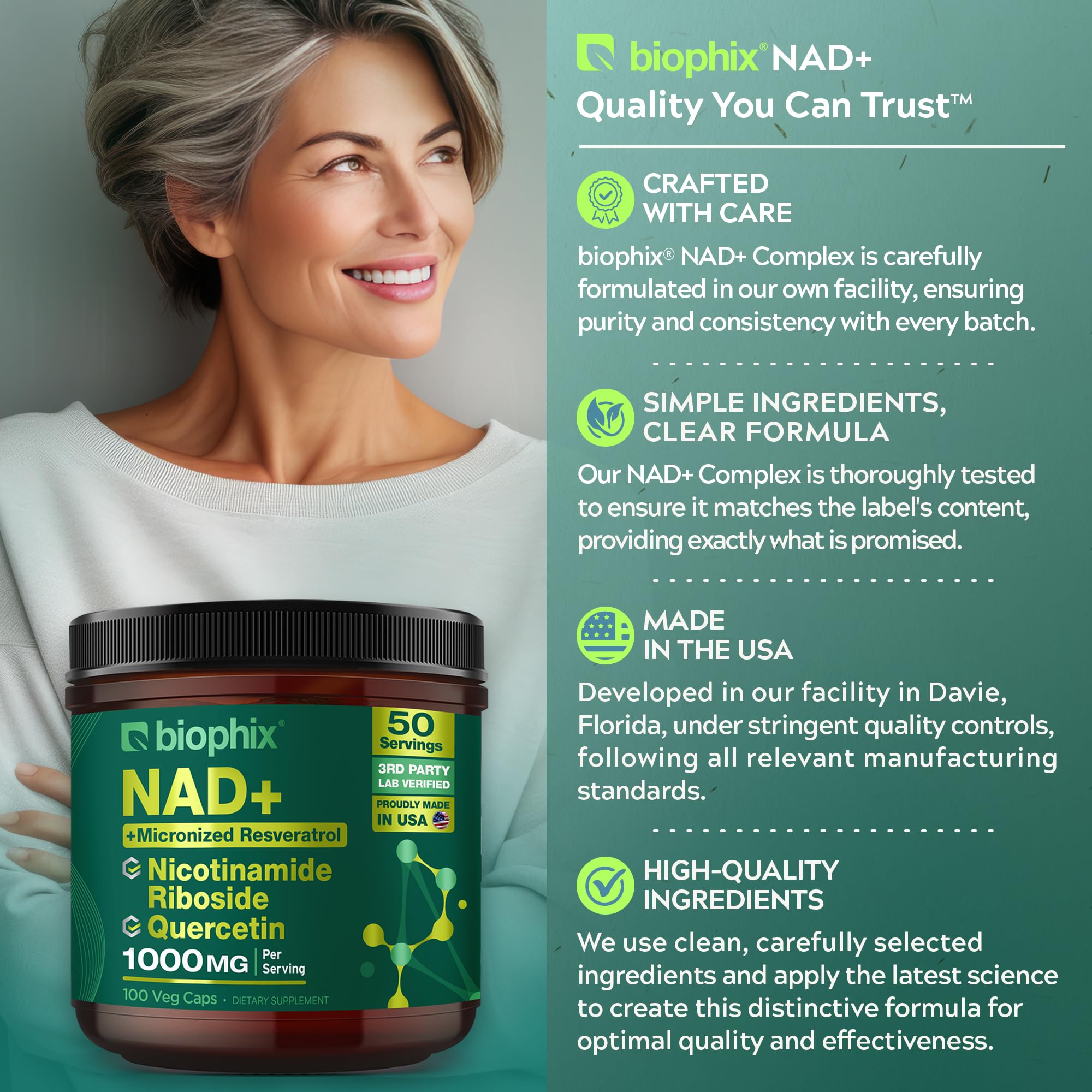 biophix NAD+ Liposomal Supplement for Women & Men - 1000 mg per Serving - Nicotinamide Riboside, Micronized Resveratrol & Quercetin Complex - 100 Veg Capsules - Non-GMO, Gluten-Free, cGMP Certified biophix Au supplements