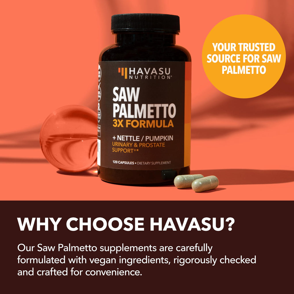 Saw Palmetto Supplement with Stinging Nettle and Pumpkin Seed Extract - Advanced 3X Formula - DHT Blocker Urinary Health and Prostate Support for Mens Health