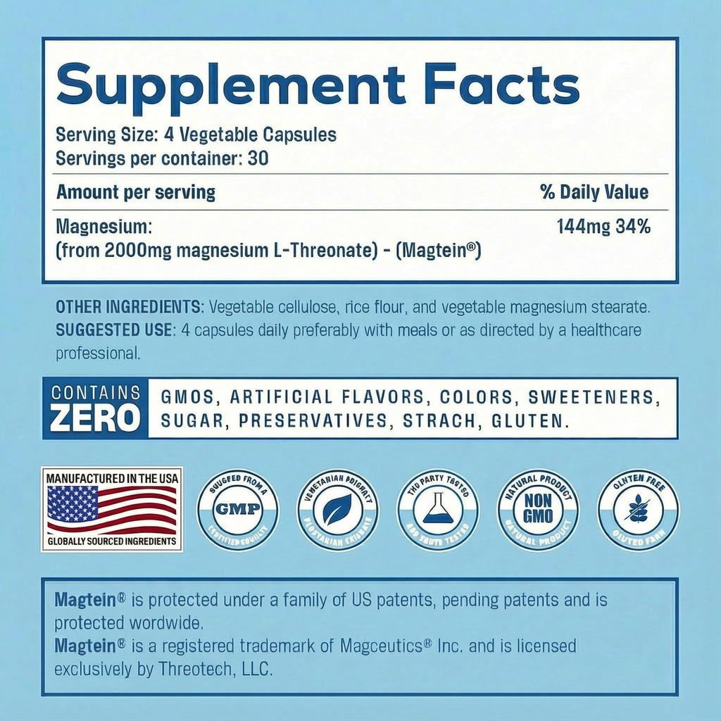 Magnesium L Threonate, Magtein, Brain Supplement for Memory, Focus, Sleep and Cognitive Support, High Absorption Magnesium L-Threonate, Non-GMO