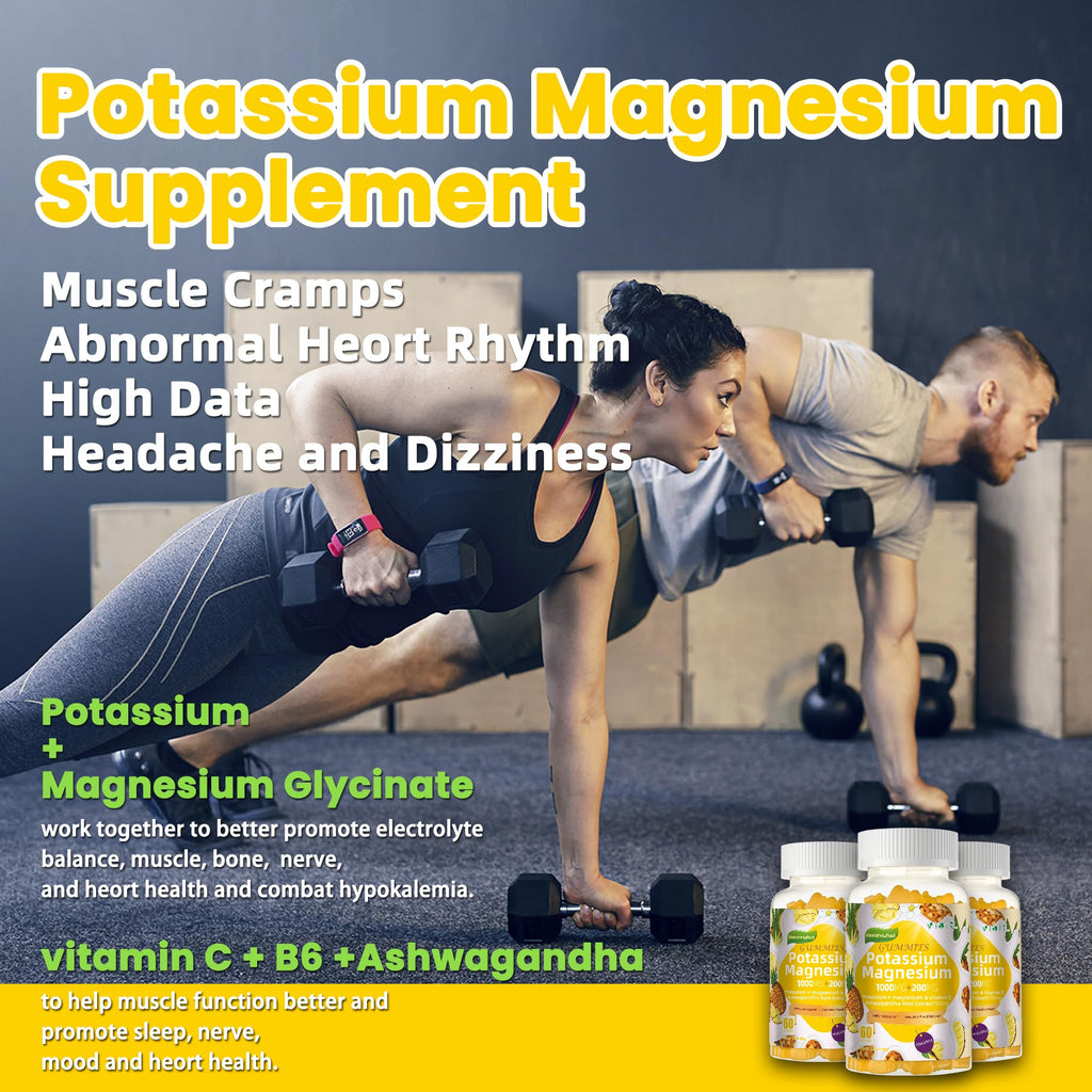 Potassium Magnesium Gummies,High Absorption Magnesium Glycinate,B6,D3,Potassium Citrate for Leg Cramps,Muscle,Electroyte for Adults Kids,Sugar-Free, 60 Gummies (Pineapple) Wekannufod Au supplements