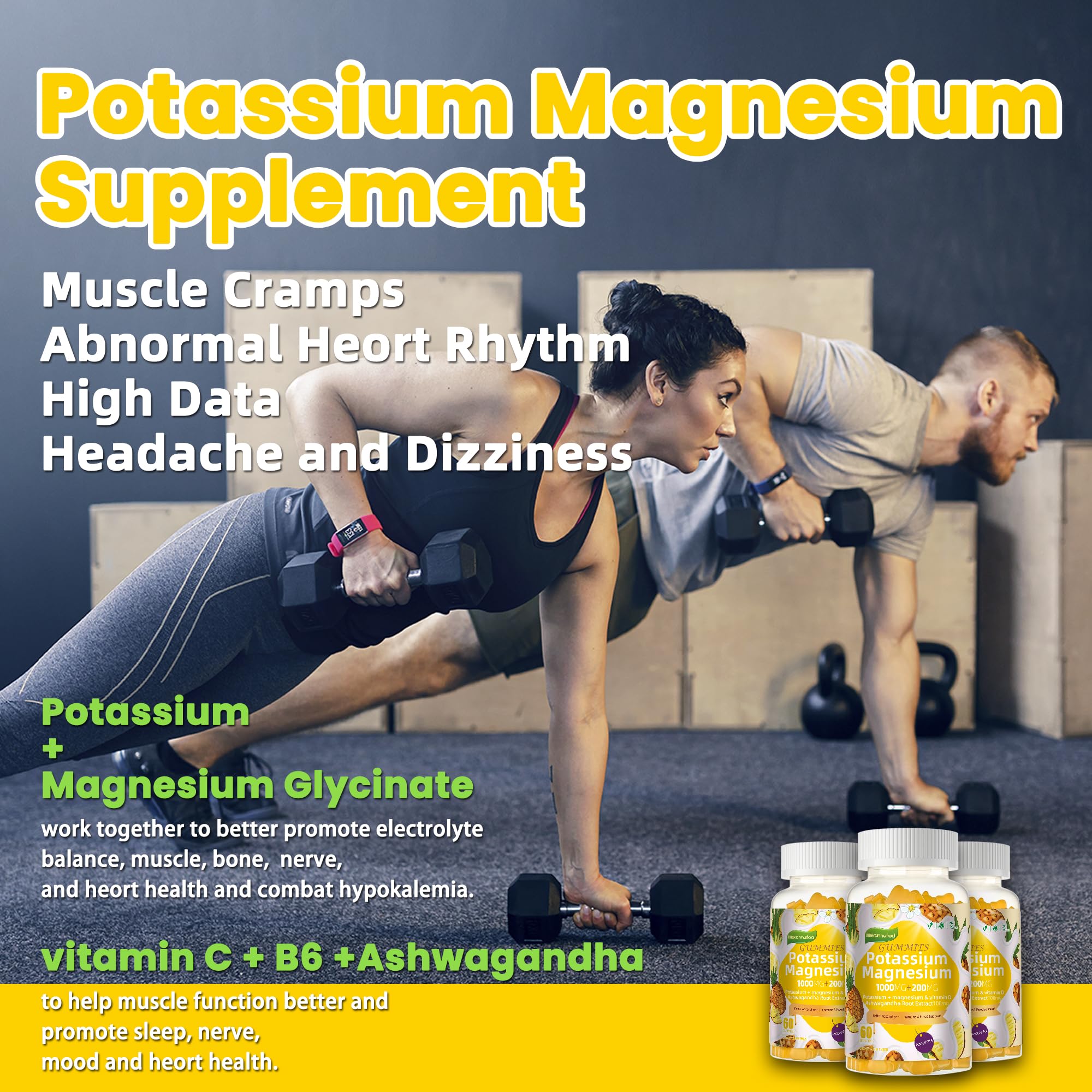 Potassium Magnesium Gummies,High Absorption Magnesium Glycinate,B6,D3,Potassium Citrate for Leg Cramps,Muscle,Electroyte for Adults Kids,Sugar-Free, 60 Gummies (Pineapple) Wekannufod Au supplements