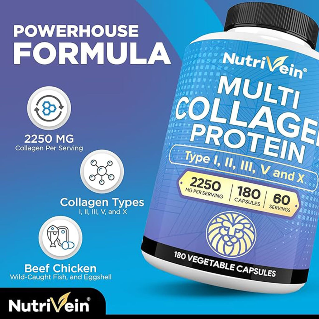 Nutrivein Premium Multi Collagen Pills 2250 mg - 180 Easy-to-Swallow Collagen Capsules: Type I, II, III, V, X Hydrolyzed Protein Peptides for Women and Men
