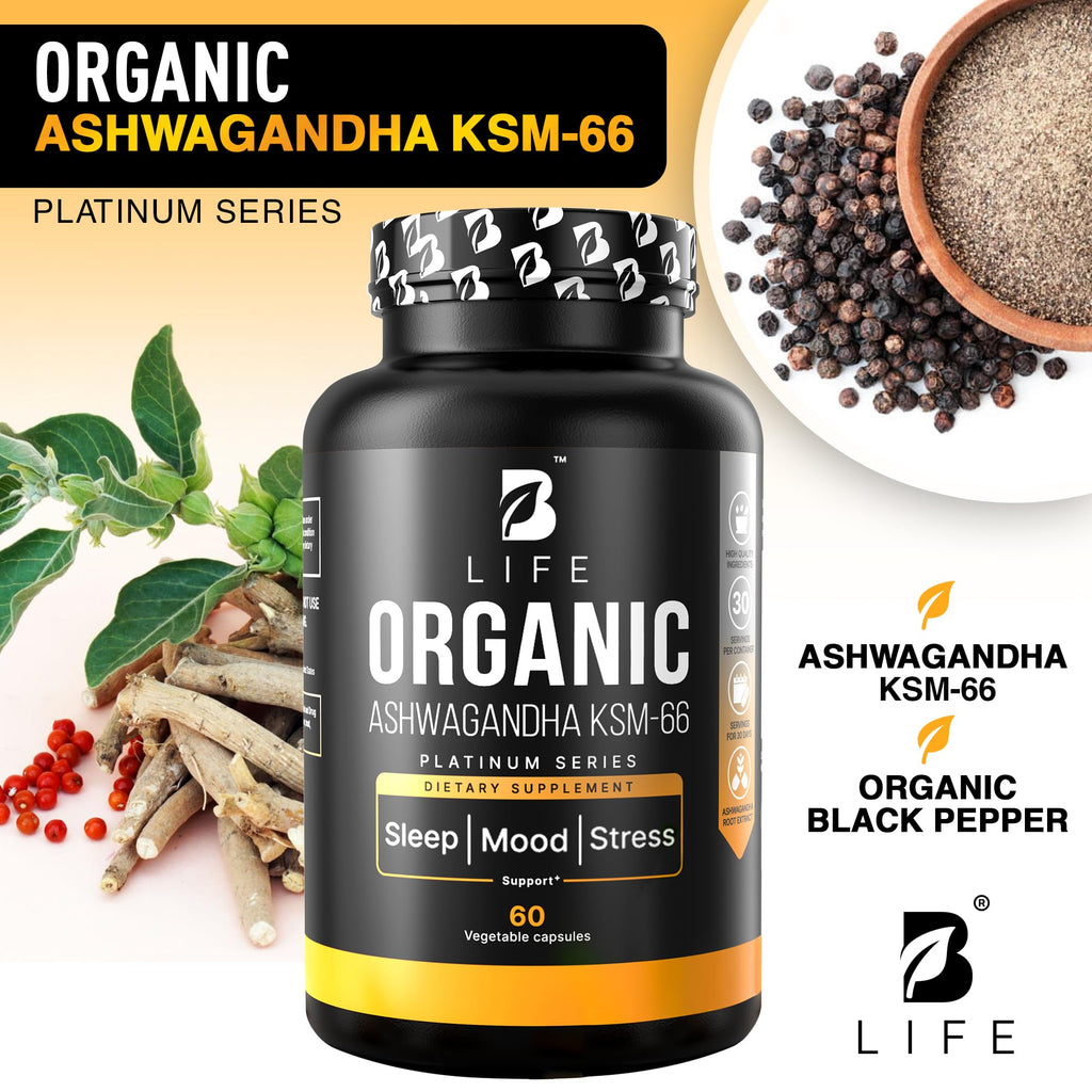 Organic Ashwagandha KSM-66 1000 mg Supplement | Adaptogen for Cortisol Support & Stress Relief | Mood, Calm & Sleep Aid for Men & Women | Ashwagandha ritual vitamins for women | 60 Vegan Caps B Life Company Au supplements