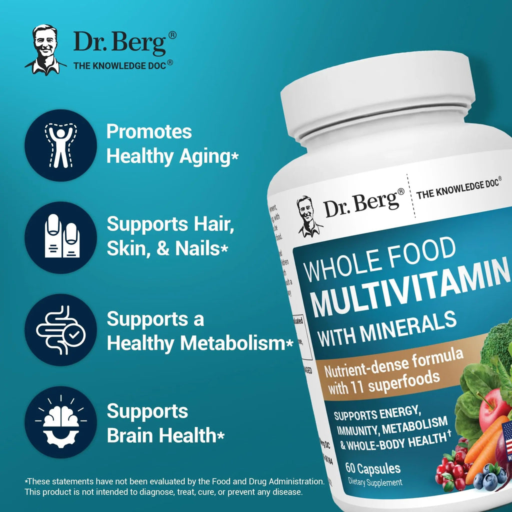 Dr. Berg Whole Food Multivitamin with Minerals - Daily Multivitamin for Men and Women - Includes Premium Whole Food Fruits and Vegetable Blend with Folate Dr. Berg Nutritionals Au supplements