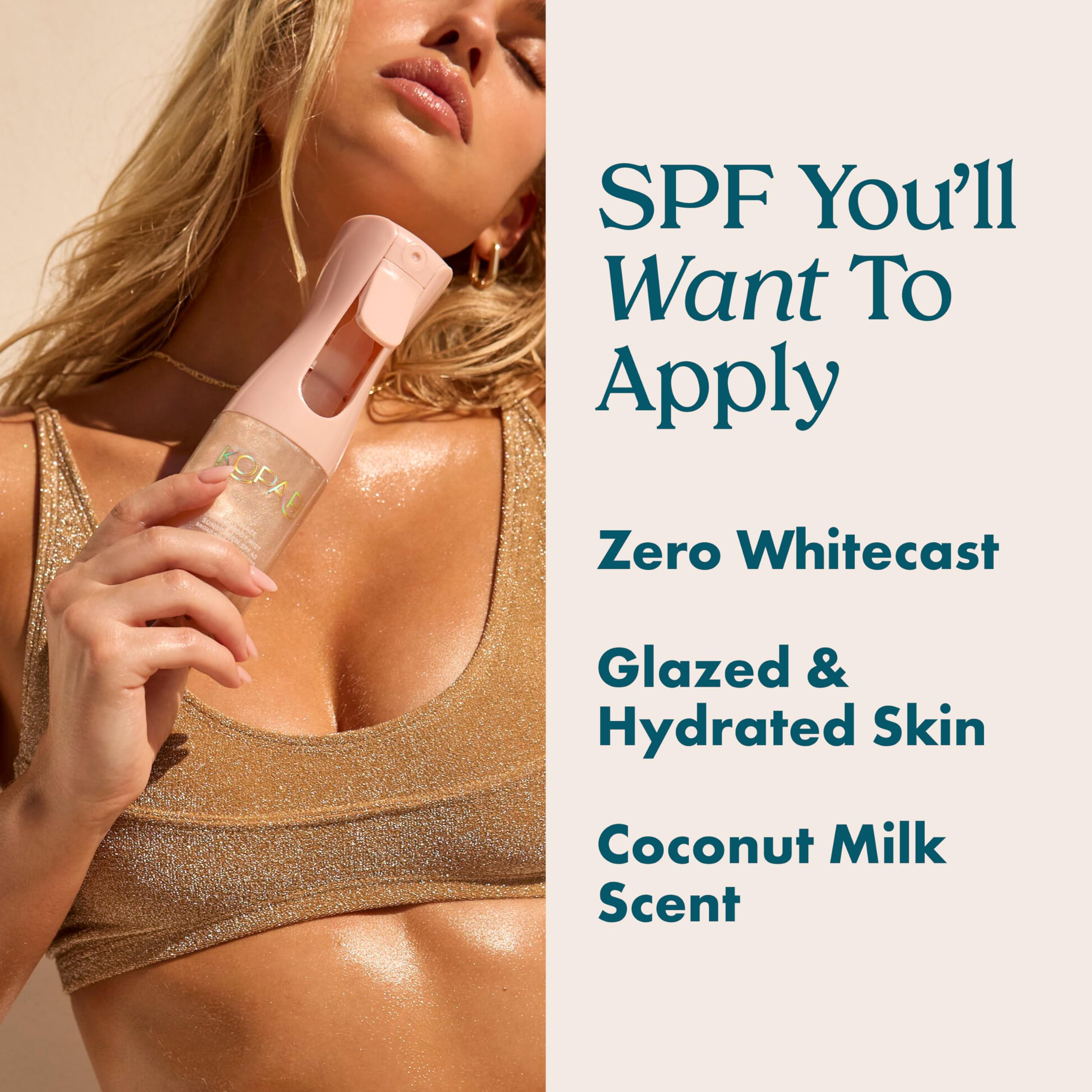 Kopari Rose Gold Sunglaze Sheer Body Mist Sunscreen SPF 42, Infused with Shimmering Body Oil, Hydrating Mist, Hydrates