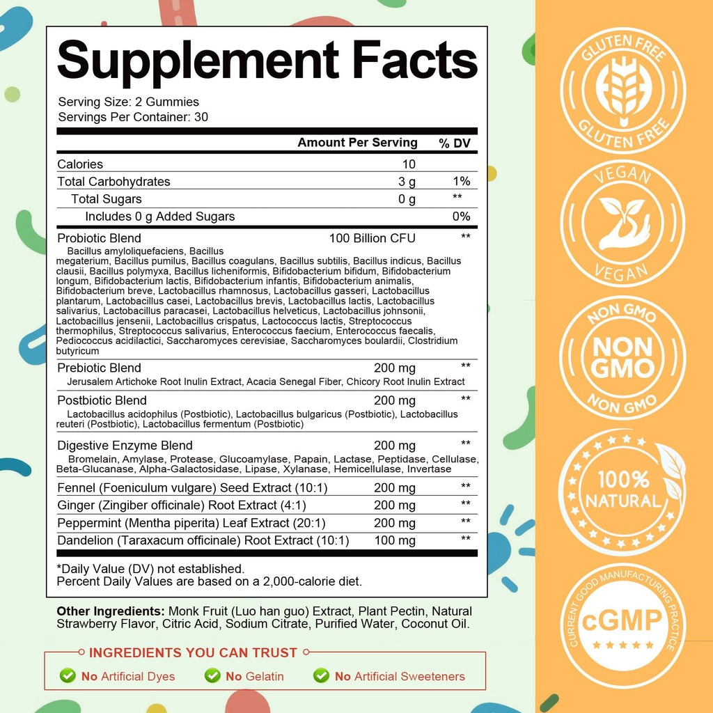 (2 Packs) Totaria Sugar Free 5-in-1 Probiotic Prebiotic Postbiotic Gummy, Probiotics for Women Men with Digestive Enzymes, Peppermint, Complete Immune, Gut & Digestive Support, Vegan Strawberry Flavor Totaria Au supplements