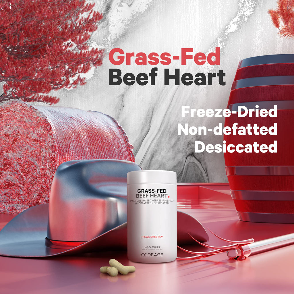 Codeage Grass Fed Beef Heart Supplement - Freeze Dried, Non-Defatted, Desiccated Glandular Supplements - Bovine Meat & Liver Pills - Beef Vitamins for Heart - Non-GMO -180 Capsules Codeage Au supplements