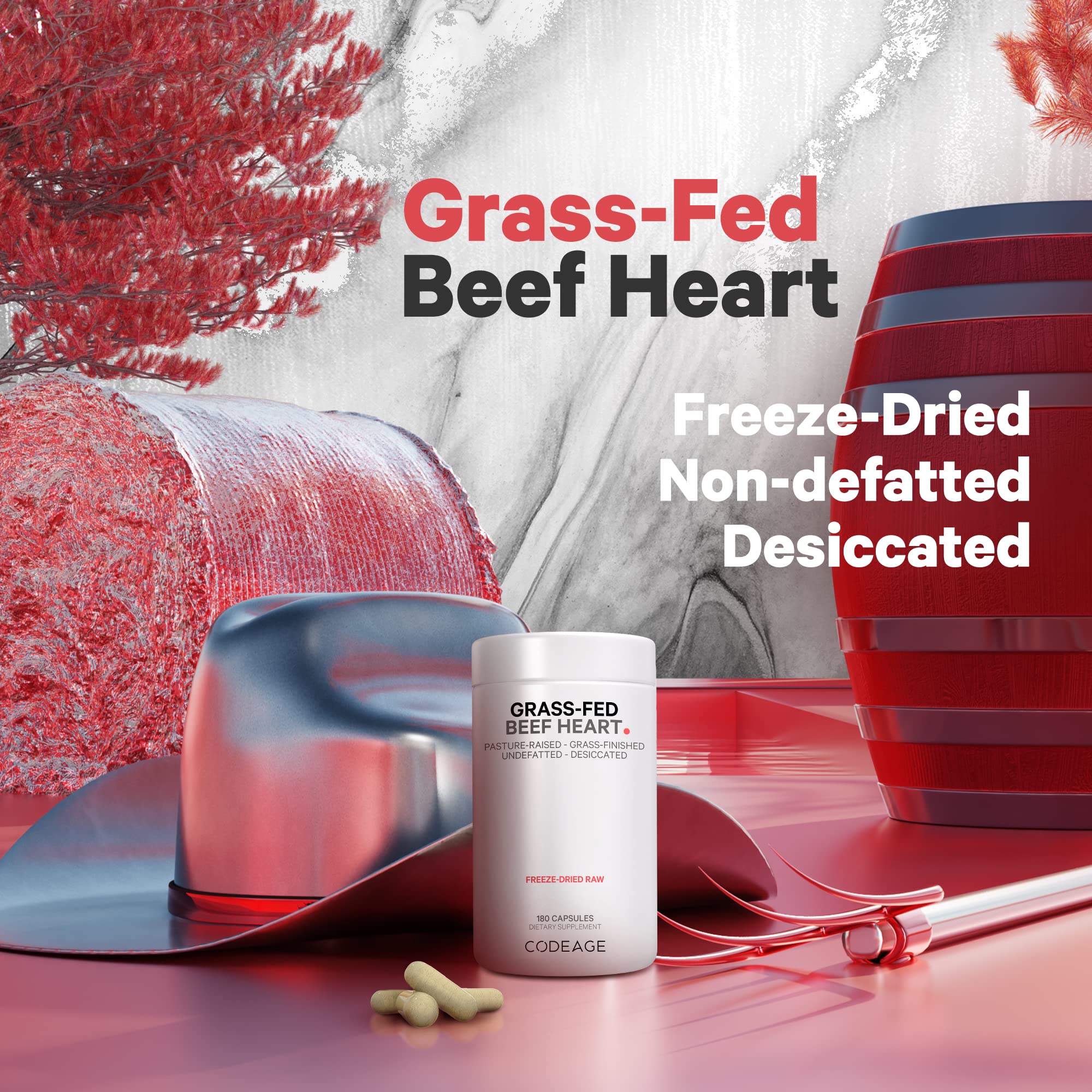 Codeage Grass Fed Beef Heart Supplement - Freeze Dried, Non-Defatted, Desiccated Glandular Supplements - Bovine Meat & Liver Pills - Beef Vitamins for Heart - Non-GMO -180 Capsules Codeage Au supplements
