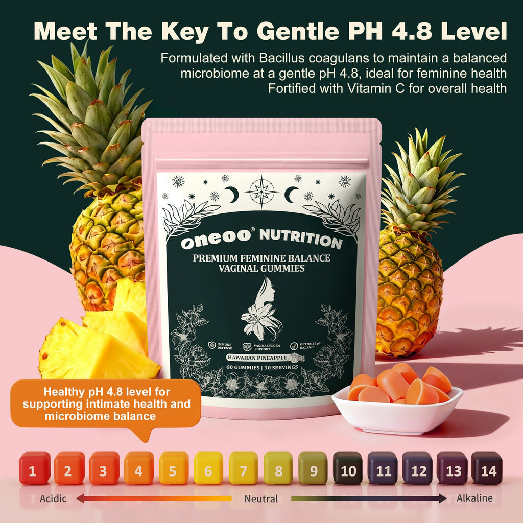 Oneoo Feminine Balance Gummies - Premium Balance Gummies for Women's pH Health, Feminine Gummy for Immune & Energy Support, Vegan, Gluten-Free, Hawaiian Pineapple, 60 Count Oneoo Au supplements