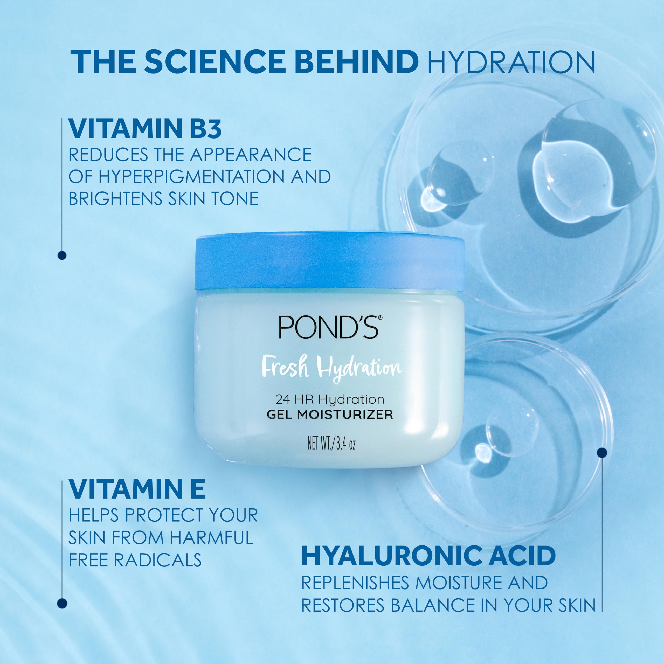 POND’S Fresh Hydration Gel Moisturizer – 24 HR Hydration with Vitamin E, Hyaluronic Acid & Vitamin B3 – Alcohol & Oil