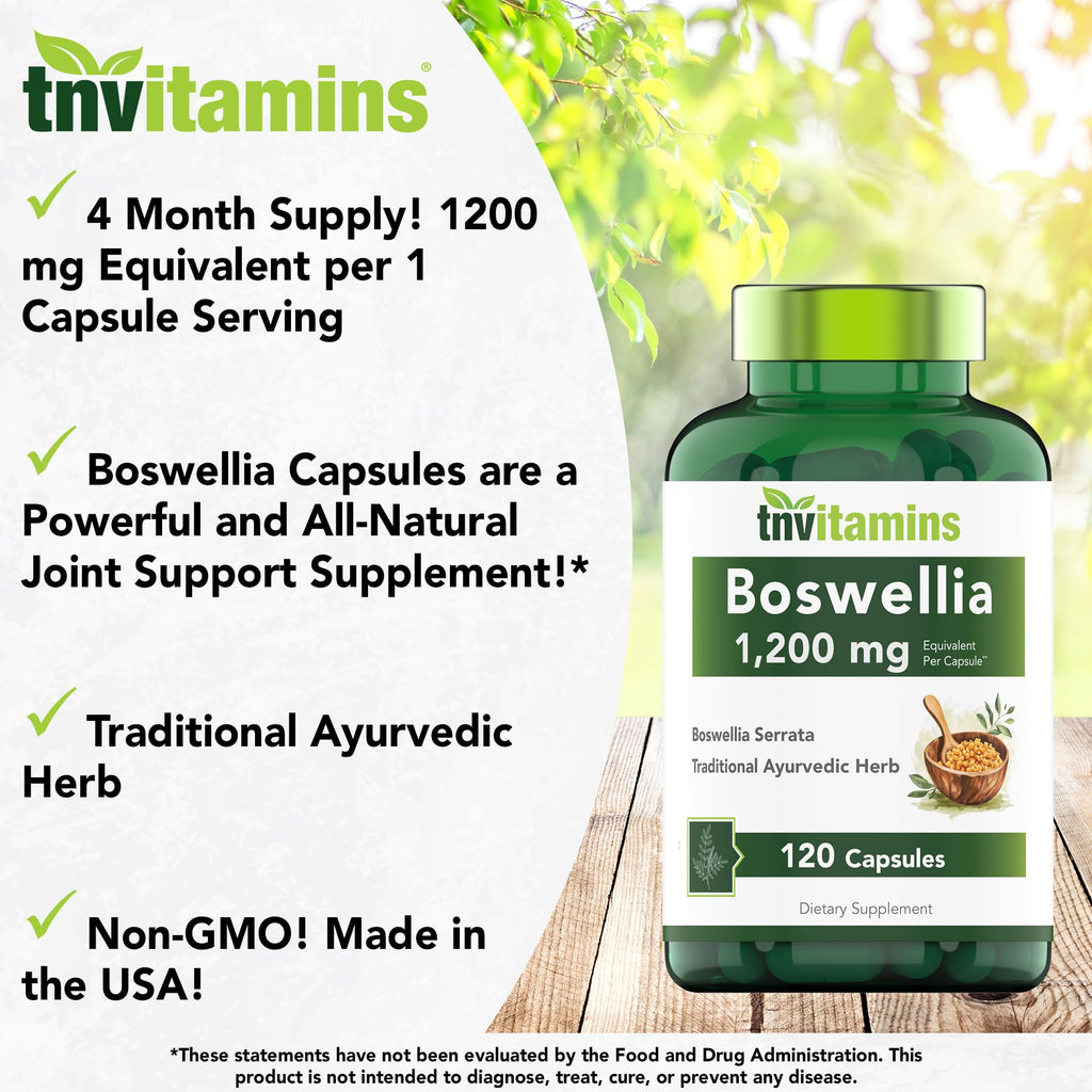 tnvitamins Boswellia Extract Capsules, 120 Count | 1,200 mg Per Capsule | 65% Boswellic Acids + 10:1 Concentrated Extract | Boswellia Serrata
