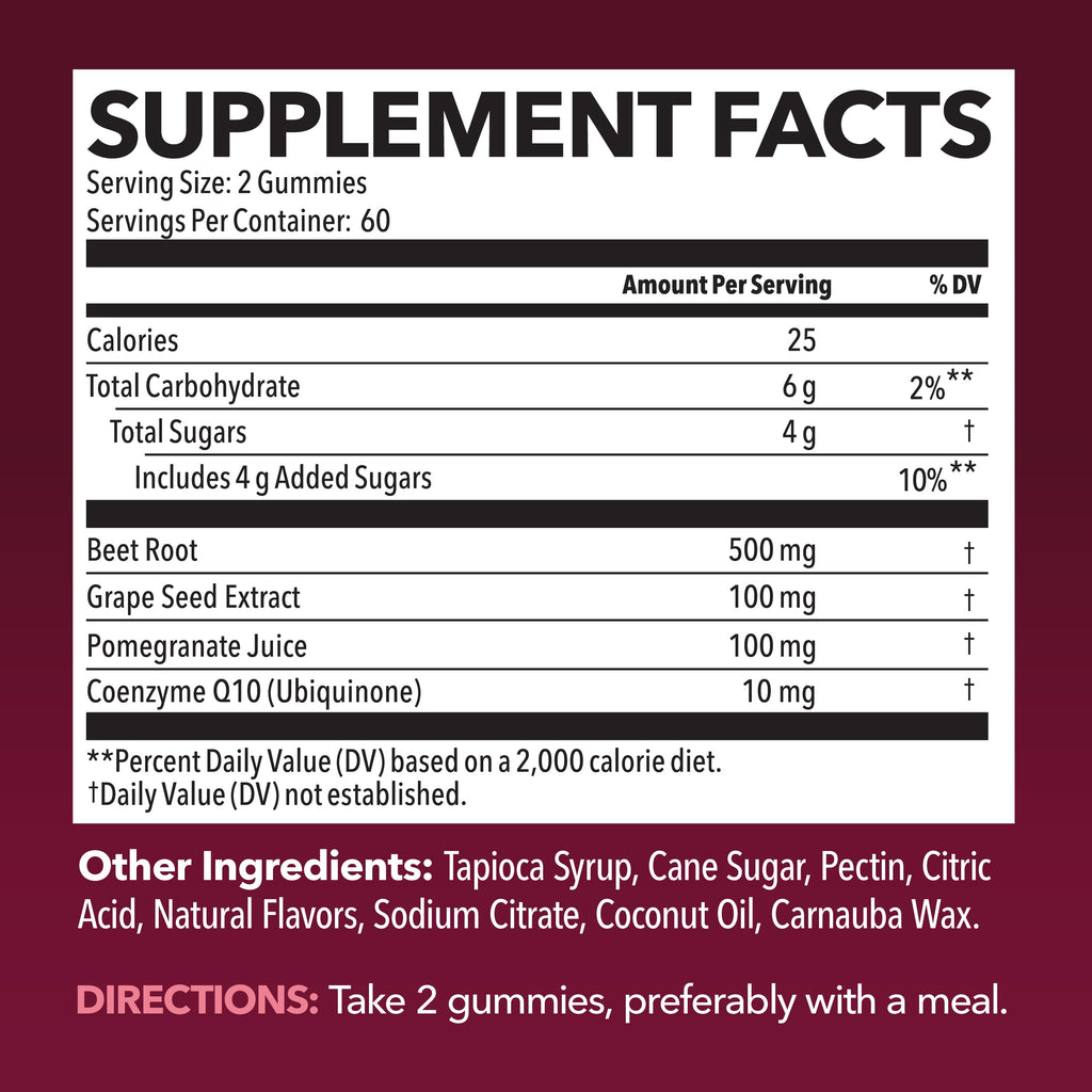 Beet Root Gummies with COQ10 & Pomegranate - Nitric Oxide Supplement for Men and Women - Beetroot for Endurance, Performance, Recovery - Vegan, Non-GMO, Gluten Free -