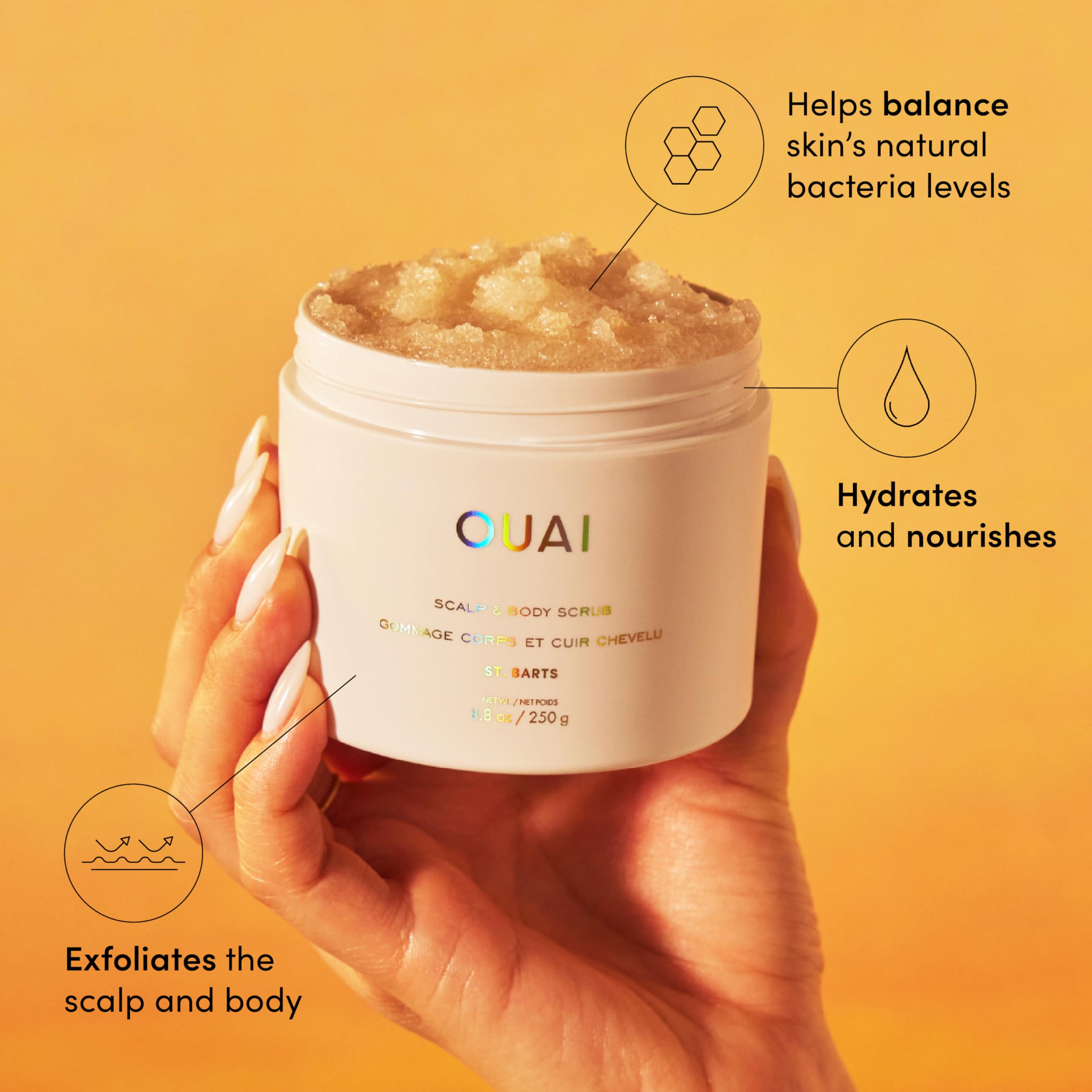 OUAI Scalp & Body Scrub, St. Barts - Exfoliating Body Scrub with Sugar & Coconut Oil Blend for Smooth, Moisturized Skin - Gentle Scalp Exfoliator for Removing Product Build Up (8.8 Oz) OUAI Au supplements