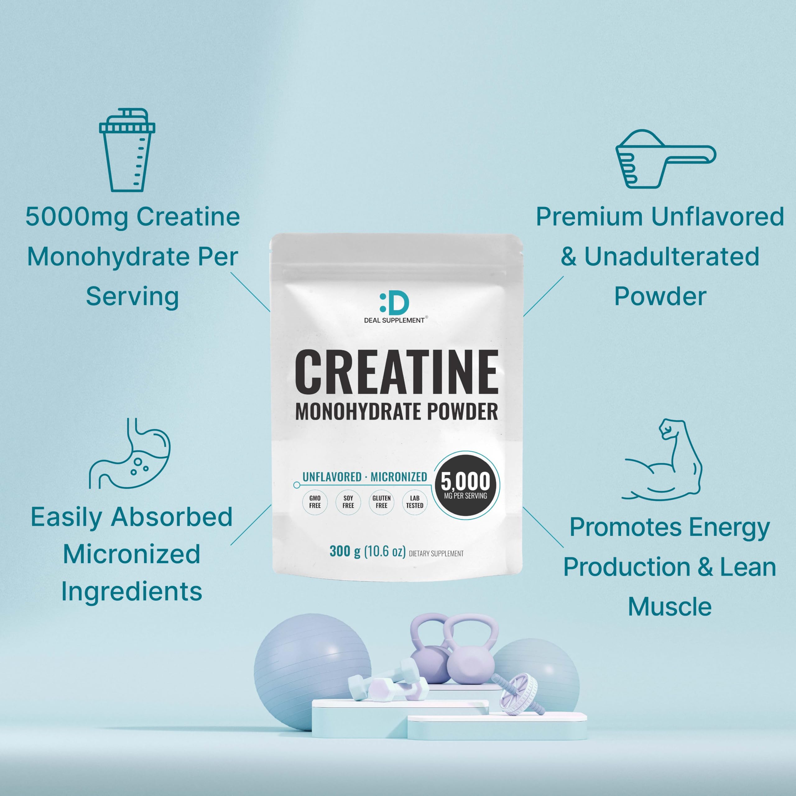 DEAL SUPPLEMENT Instant Creatine Monohydrate Powder, 5g Per Serving – 60 Servings | Micronized, Unflavored, Fast Absorbing Formula