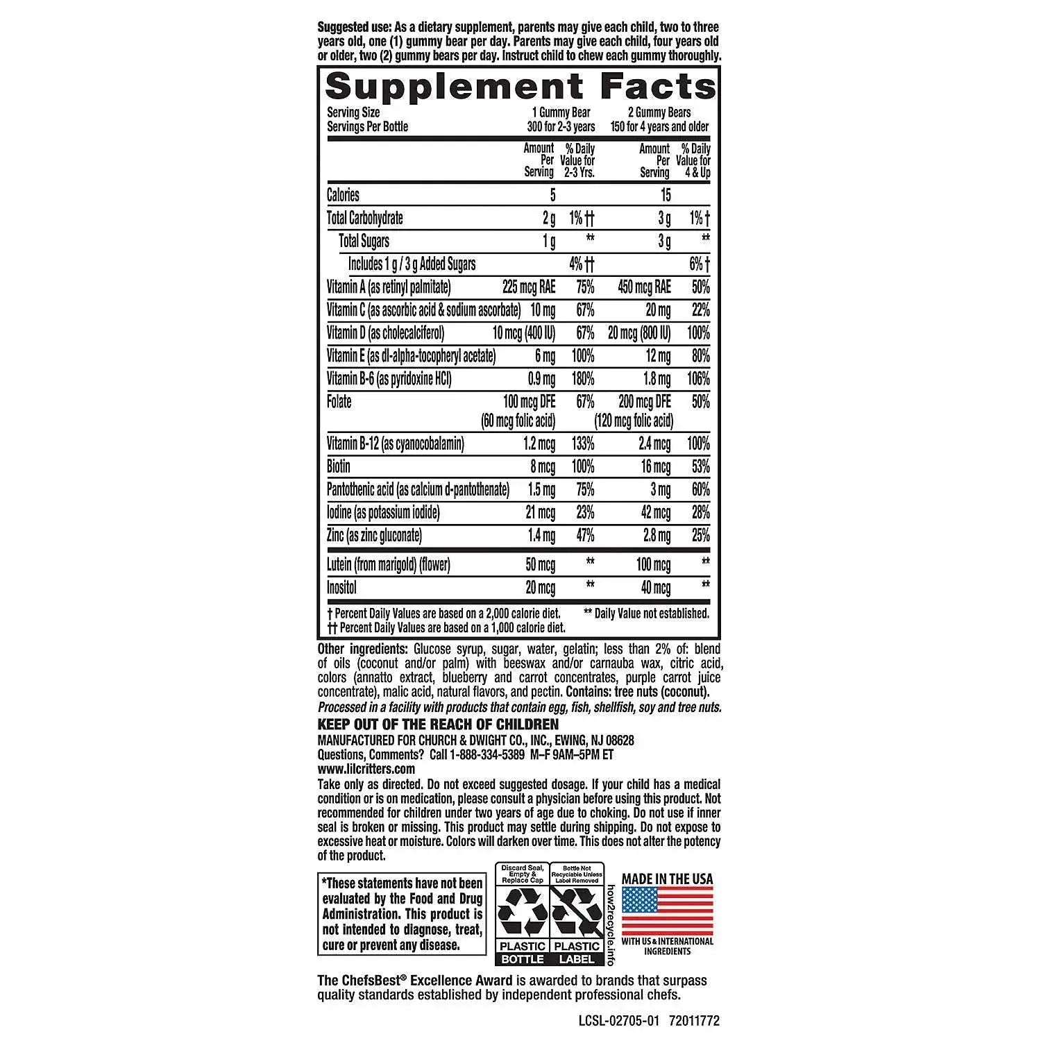 Gummy Vites Children's Chewable Gummy Bear Multivitamin Dietary Supplement, 300 Count L'il Critters Gummy Vites Au supplements