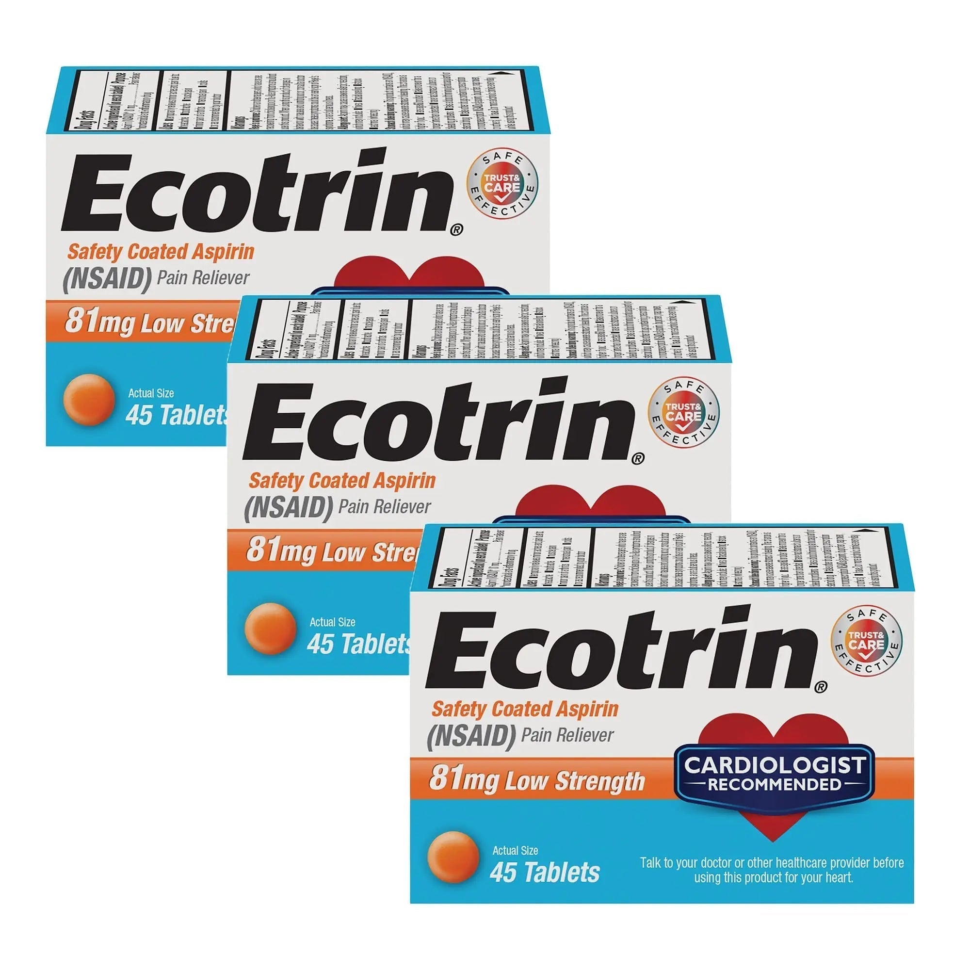 Ecotrin Safety Coated Aspirin Pain Reliever Tablets, Low Strength, NSAID 81mg, 45 ct (Pack of 3) Ecotrin Au supplements