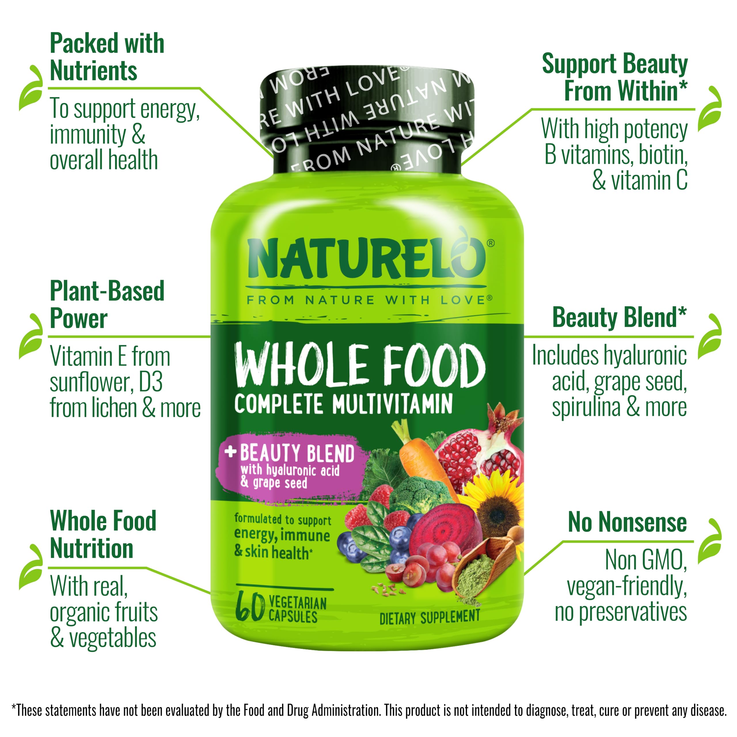 NATURELO Whole Food Multivitamin with Extra Hair, Skin and Nails Support - Beauty Blend with Hyaluronic Acid & Grape Seed - High Potency Biotin, Vitamin C
