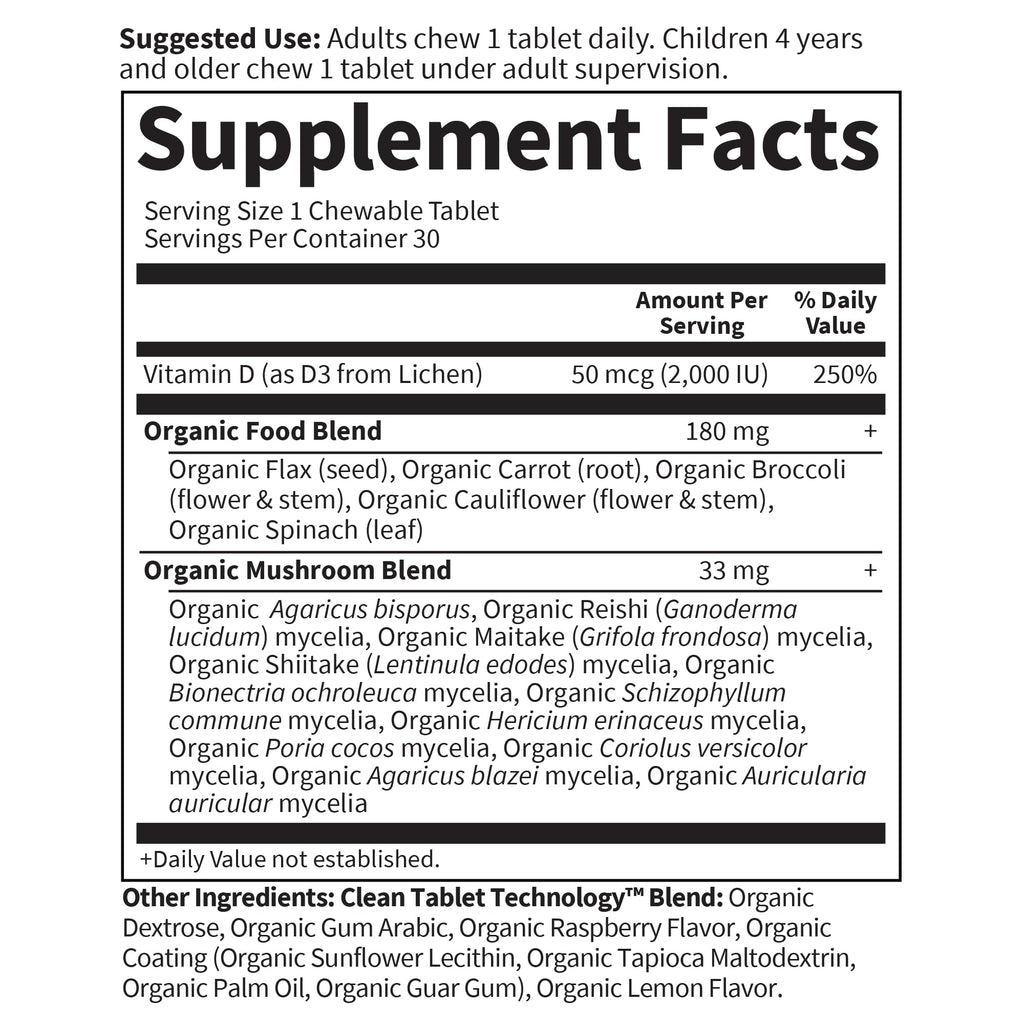 Garden of Life Organics Vegan Vitamin D3 Chewable - Raspberry Lemon, 2,000 IU (50mcg) Whole Food Vitamin D3 from Lichen
