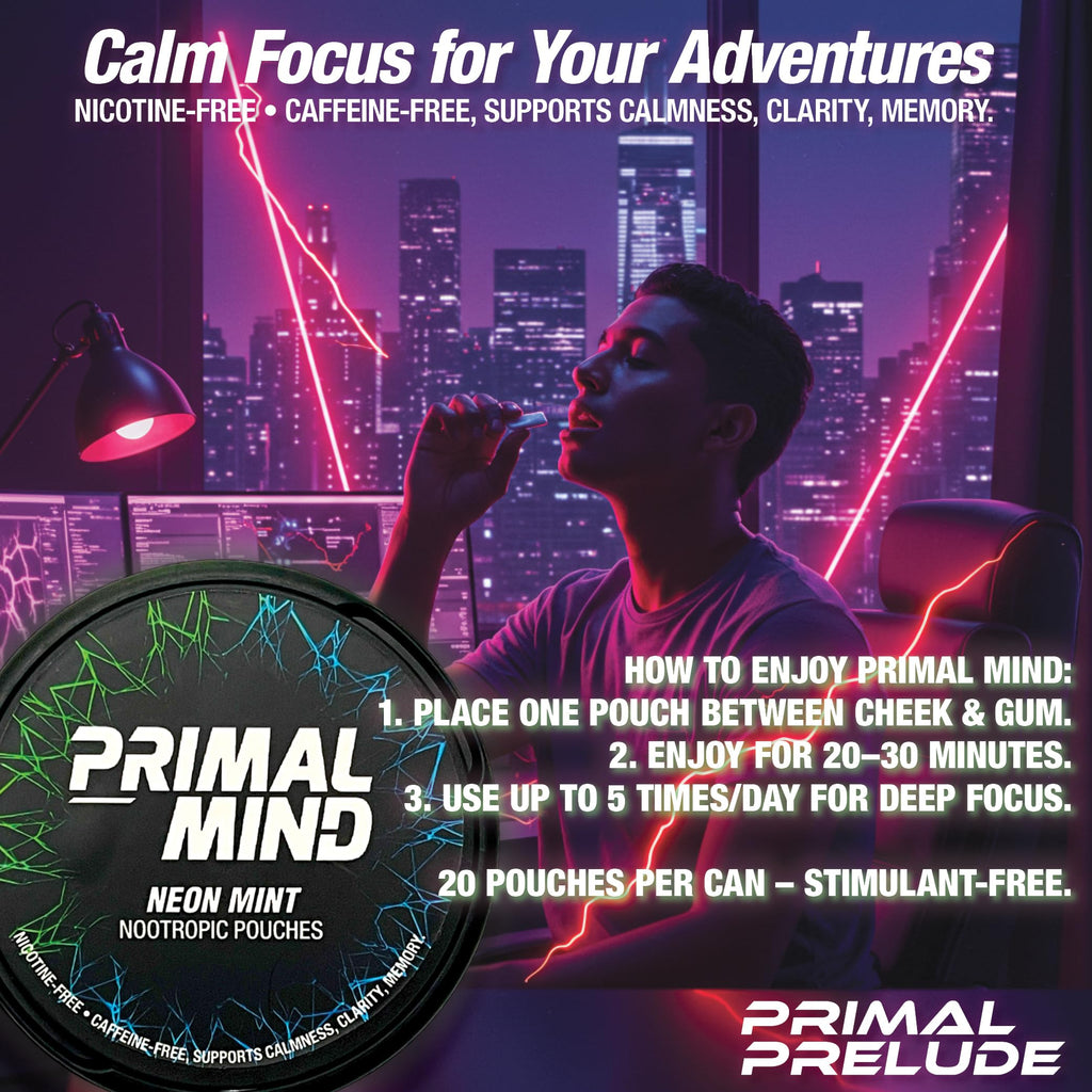 Nootropic Pouches - Primal Mind Caffeine Free Nootropics Pouches Made with Ginkgo Biloba & L-Theanine - Nicotine Free Brain Boost, No Sugar, Cognitive Support – 20 Pouches Per Can, 5 Pack (Neon Mint) Primal Prelude Au supplements