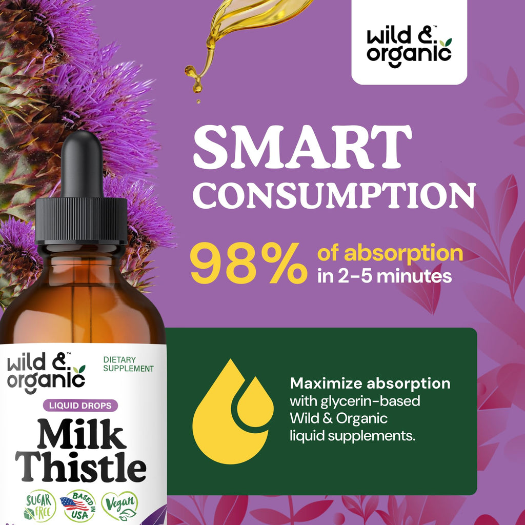 Wild & Organic Milk Thistle Liquid Drops - Liver Cleanse Detox - Silymarin Milk Thistle Supplement for Liver Support - Add to Tea - Silybum Marianum Seed Extract Tincture