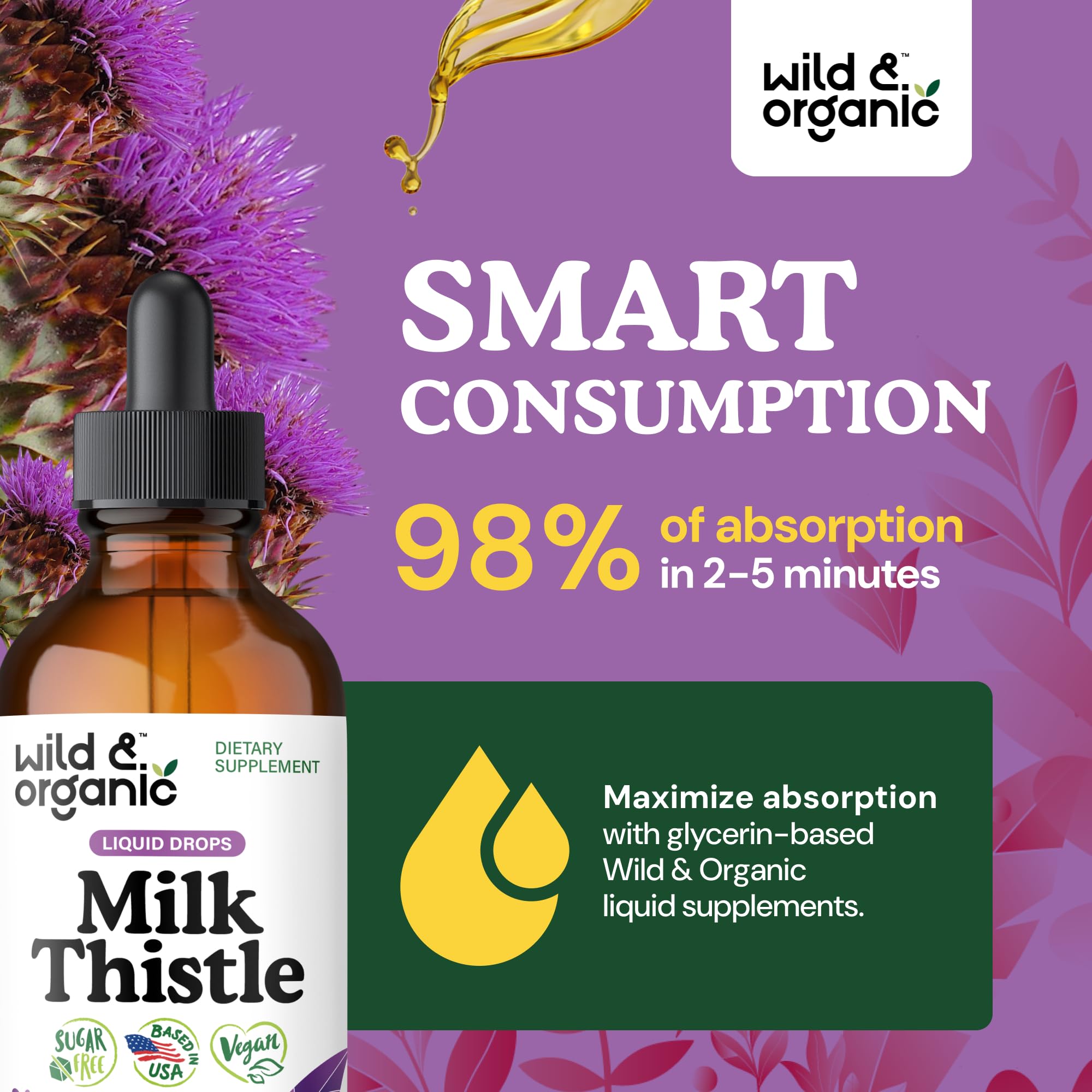 Wild & Organic Milk Thistle Liquid Drops - Liver Cleanse Detox - Silymarin Milk Thistle Supplement for Liver Support - Add to Tea - Silybum Marianum Seed Extract Tincture