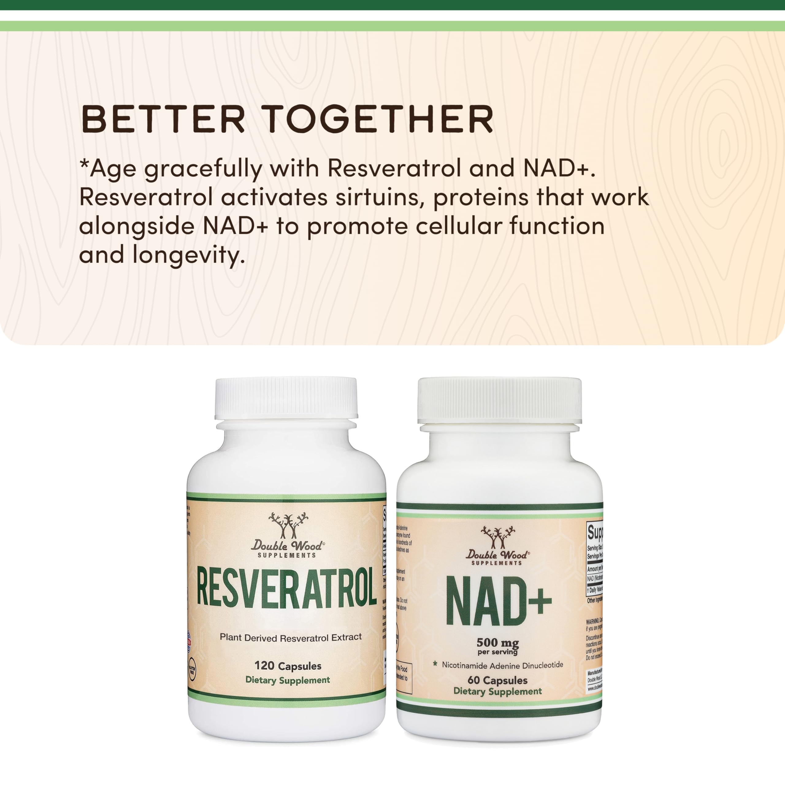 Double Wood Supplements NAD+ Anti Aging & Cell Regeneration | 500mg of 95% Pure NAD Plus Per Serving, 30 Day Supply | Similar to Nicotinamide Riboside