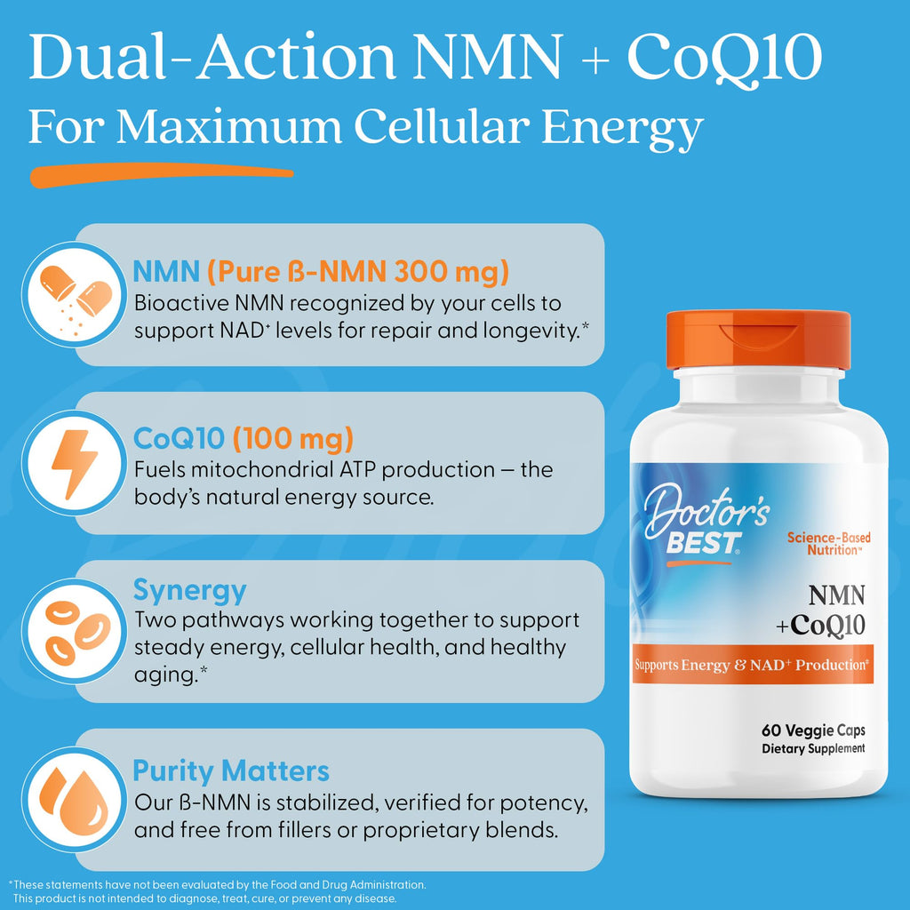 Doctor's Best NMN + CoQ10 Supplement for Women & Men - Supports NAD+ Production & Cellular Energy, Beta Nicotinamide Mononucleotide 150 mg & Coenzyme Q10 50 mg per Capsule, Vegan, Non GMO- 60 Veg Caps Doctor's BEST Au supplements