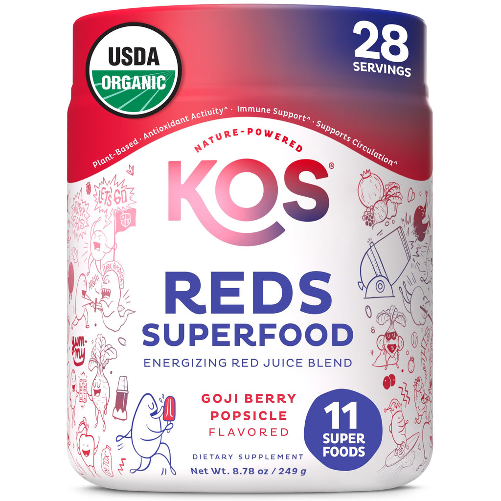 KOS Reds Superfood Powder for Antioxidants - USDA Certified Organic Beet Root, Goji Berries, Acai, Pomegranate, Coconut Water & Digestion Enzymes- Goji Berry Popsicle Flavor