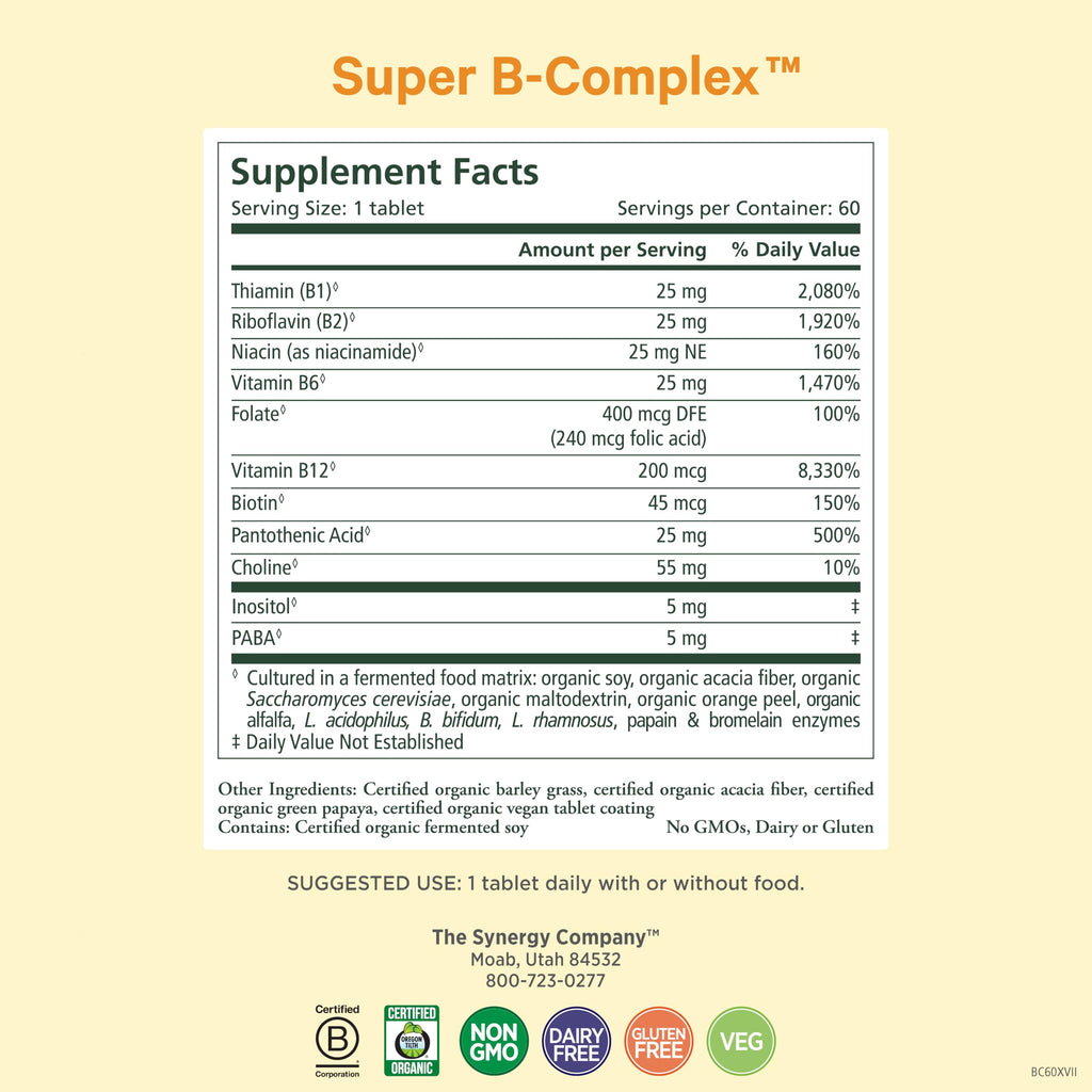PURE SYNERGY Super B-Complex | Vitamin B Complex Made with Organic Whole Foods | Vegan Supplement with Natural Vitamin B12, Niacin, and Folate | for Energy
