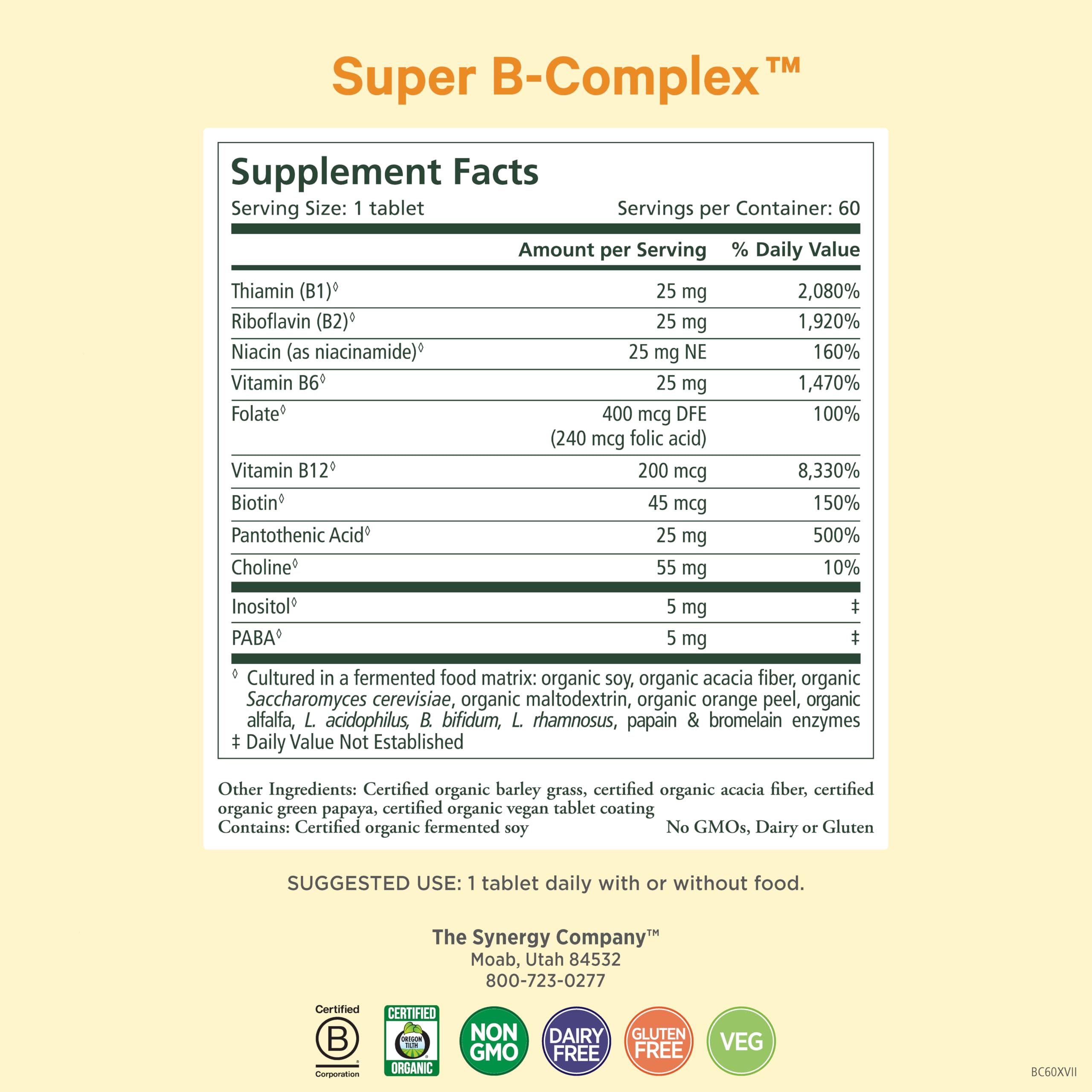 PURE SYNERGY Super B-Complex | Vitamin B Complex Made with Organic Whole Foods | Vegan Supplement with Natural Vitamin B12, Niacin, and Folate | for Energy