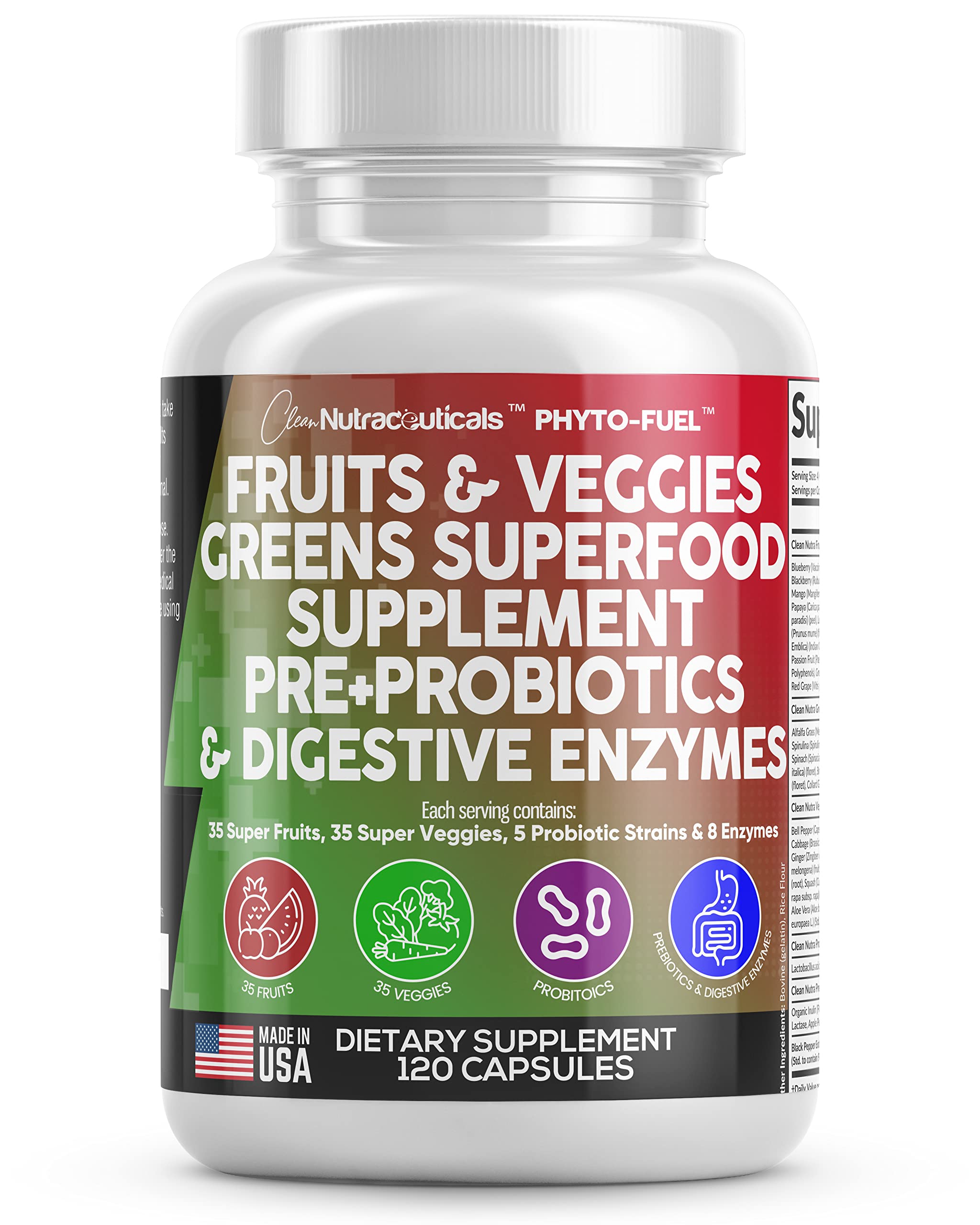 Clean Nutraceuticals Fruits and Veggies Supplement Reds & Green Superfood - Balance of Over 70 Fruit & Vegetable Supplements Capsules with Probiotics Prebiotics